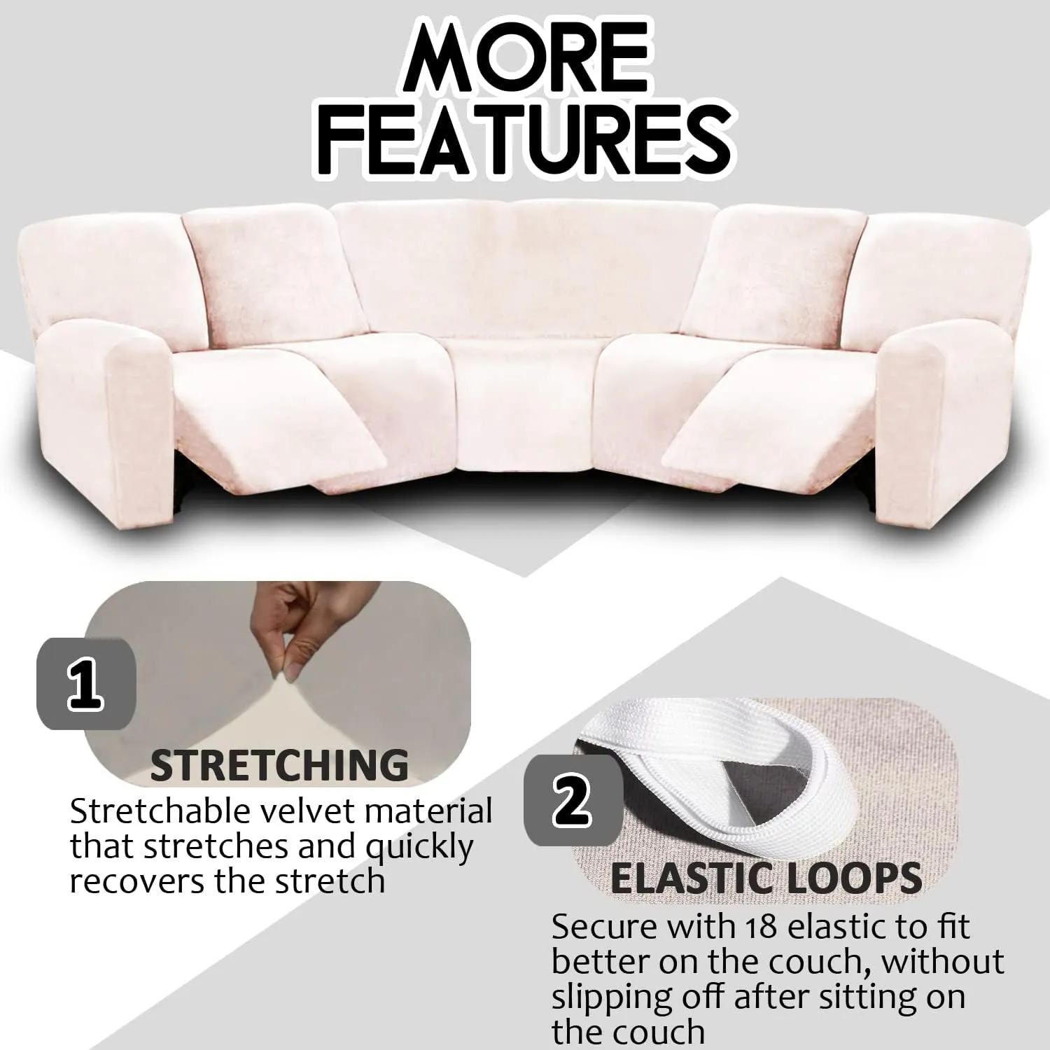 ULTICOR 7-Piece Sectional Recliner Sofa Covers, Velvet Stretch Reclining Couch Covers for Reclining Sofa, Thick, Soft, Washable (Ivory, L Shape 5 Seat Recliner Cover)