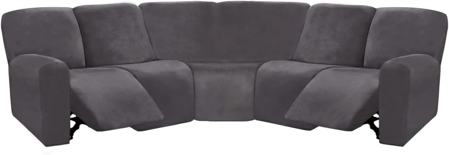 ULTICOR 7-Piece Sectional Sofa Covers, Velvet Stretch Reclining Couch Covers for Reclining L Shape Sofa, Thick, Soft, Washable (Dark Grey, 5 Seat Recliner Cover)