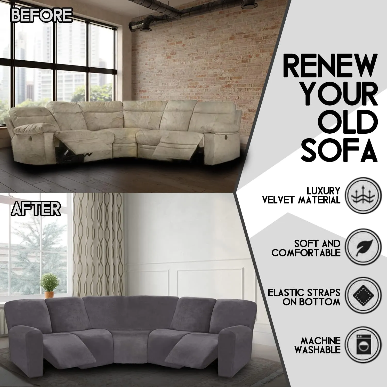ULTICOR 7-Piece Sectional Sofa Covers, Velvet Stretch Reclining Couch Covers for Reclining L Shape Sofa, Thick, Soft, Washable (Dark Grey, 5 Seat Recliner Cover)