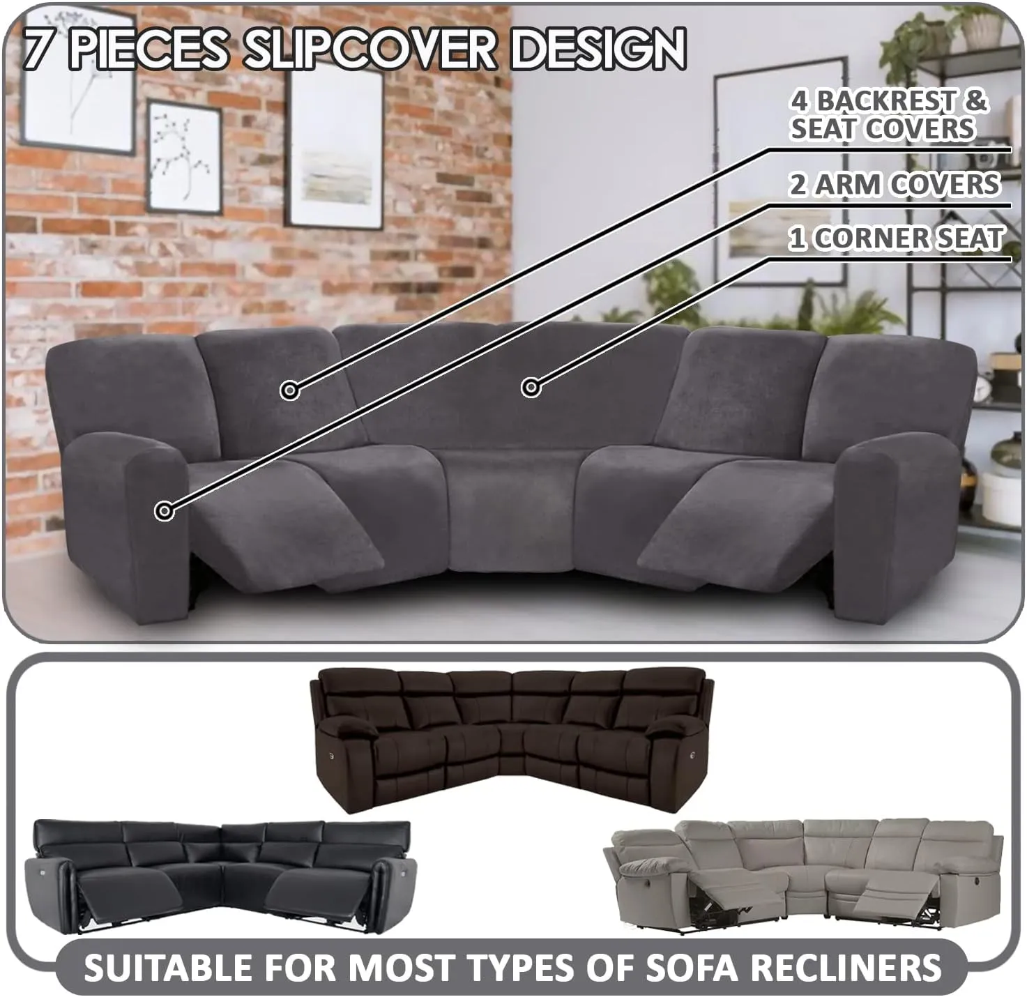 ULTICOR 7-Piece Sectional Sofa Covers, Velvet Stretch Reclining Couch Covers for Reclining L Shape Sofa, Thick, Soft, Washable (Dark Grey, 5 Seat Recliner Cover)