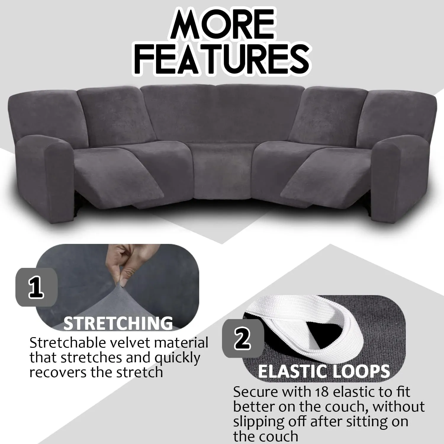 ULTICOR 7-Piece Sectional Sofa Covers, Velvet Stretch Reclining Couch Covers for Reclining L Shape Sofa, Thick, Soft, Washable (Dark Grey, 5 Seat Recliner Cover)