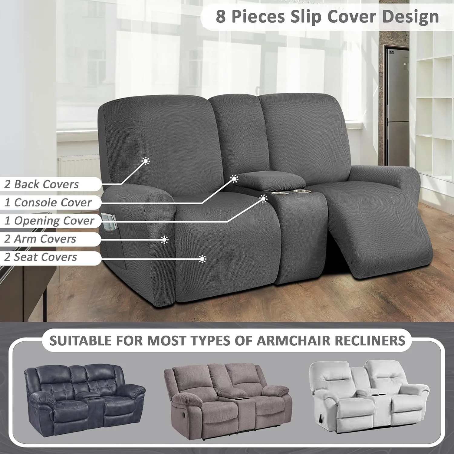 ULTICOR Reclining Love Seat with Middle Console Slipcover, 8-Piece Yarn Dyed Loveseat Reclining Sofa Covers, 2 seat Loveseat Recliner Cover, Thick, Soft, Washable (Dark Grey)