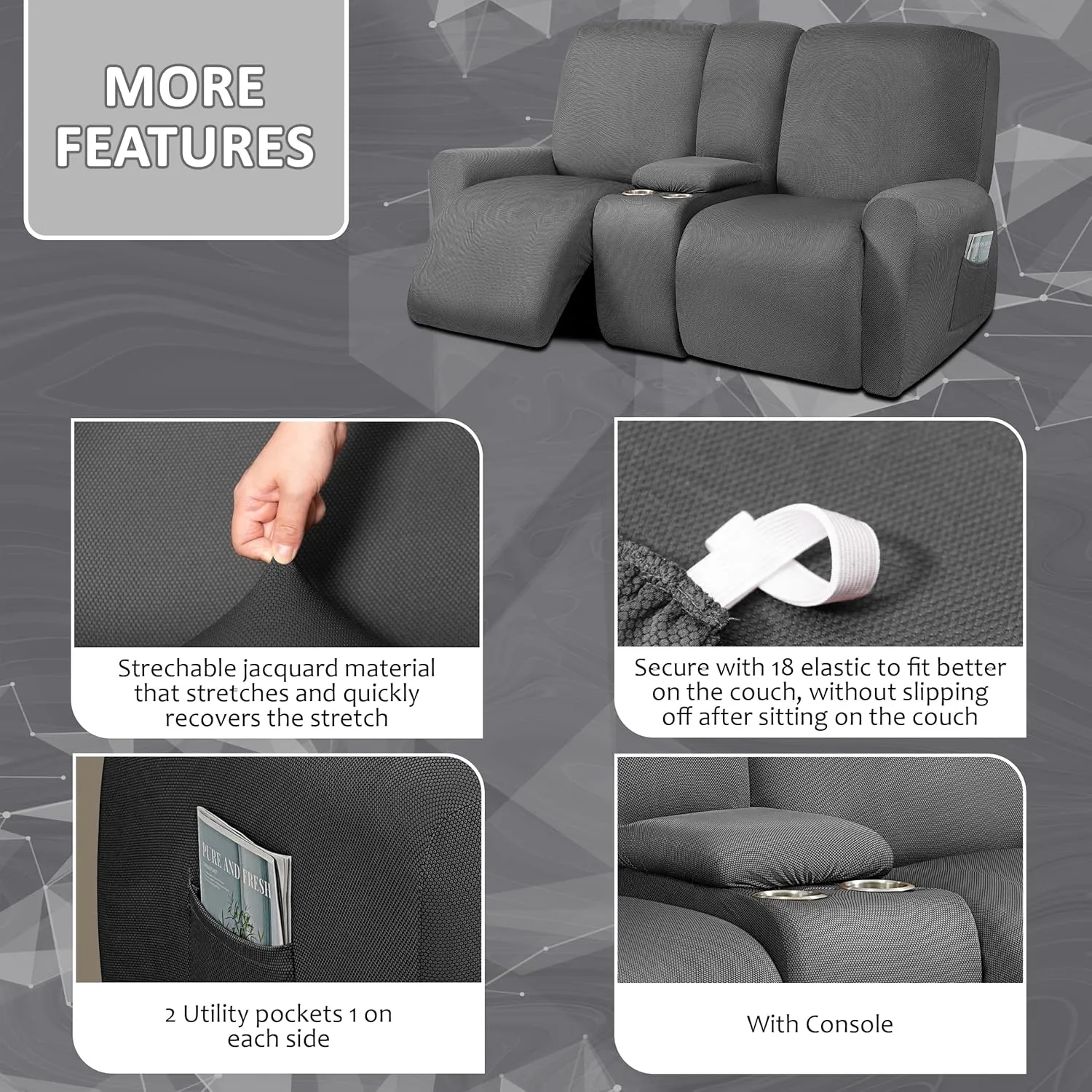 ULTICOR Reclining Love Seat with Middle Console Slipcover, 8-Piece Yarn Dyed Loveseat Reclining Sofa Covers, 2 seat Loveseat Recliner Cover, Thick, Soft, Washable (Dark Grey)