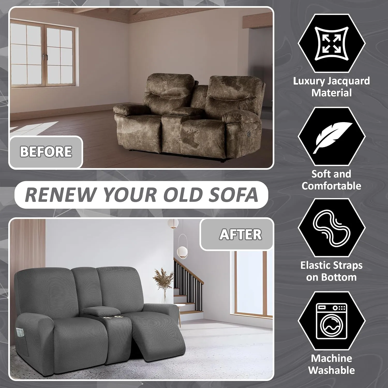 ULTICOR Reclining Love Seat with Middle Console Slipcover, 8-Piece Yarn Dyed Loveseat Reclining Sofa Covers, 2 seat Loveseat Recliner Cover, Thick, Soft, Washable (Dark Grey)