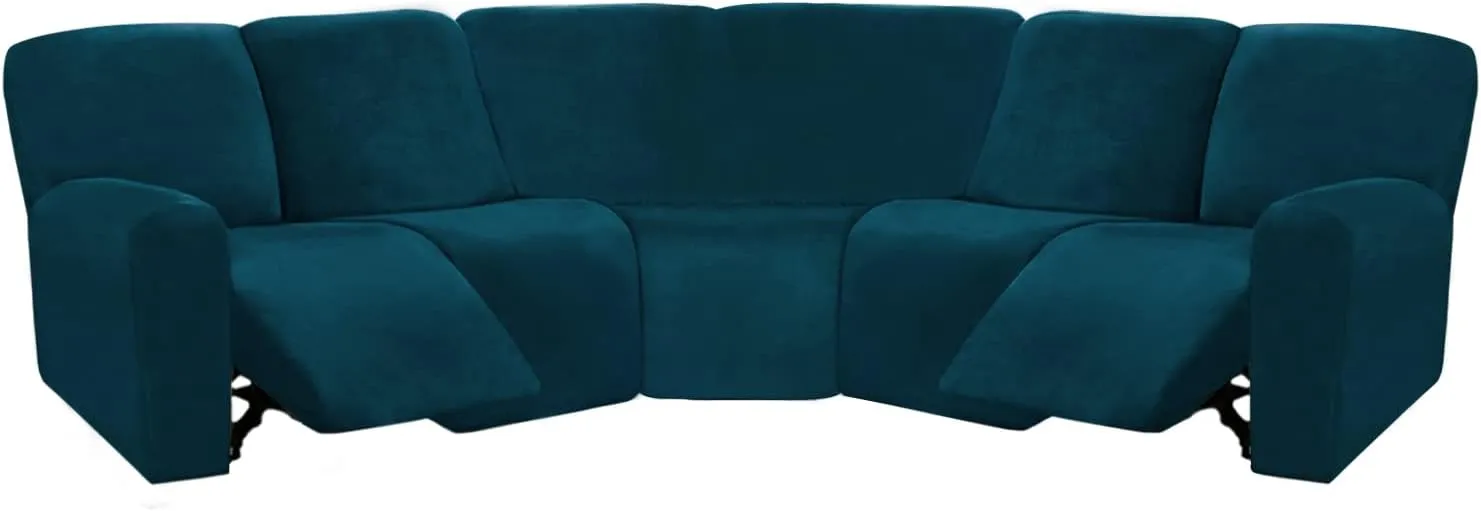 ULTICOR Velvet 7-Piece Sectional Recliner Sofa Cover (Deep Teal, L Shape 5 Seat, Sturdy, Soft, Washable)