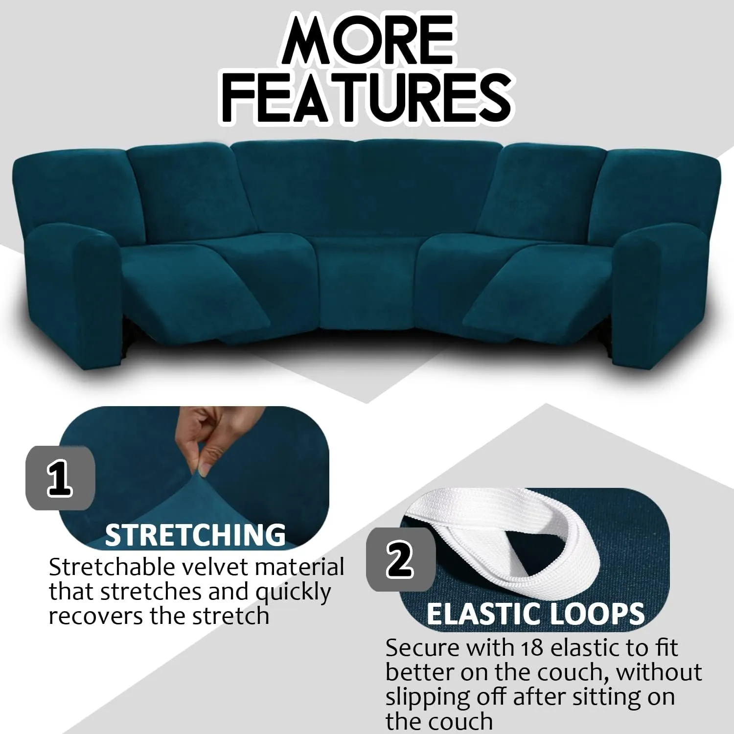 ULTICOR Velvet 7-Piece Sectional Recliner Sofa Cover (Deep Teal, L Shape 5 Seat, Sturdy, Soft, Washable)