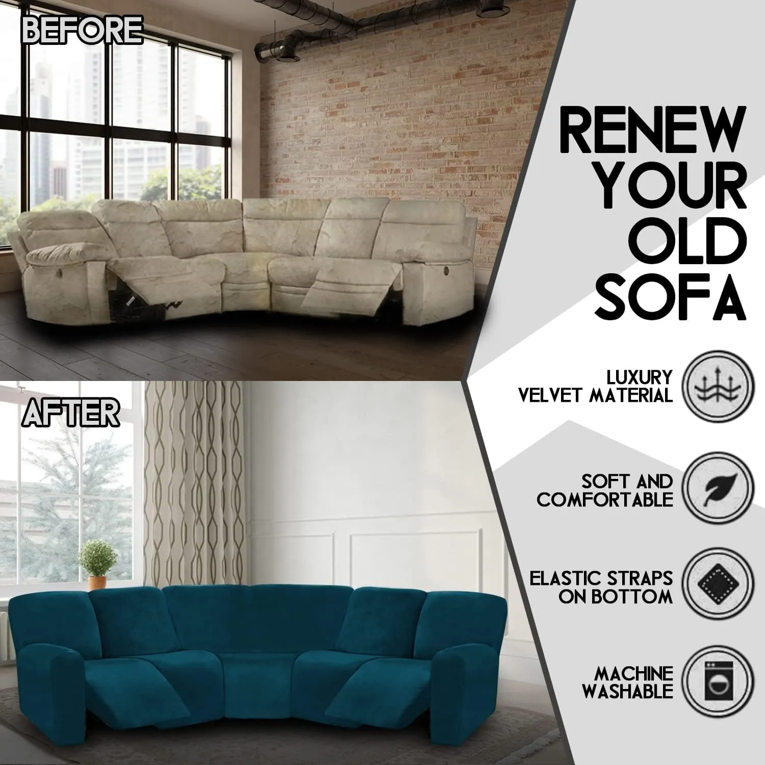 ULTICOR Velvet 7-Piece Sectional Recliner Sofa Cover (Deep Teal, L Shape 5 Seat, Sturdy, Soft, Washable)
