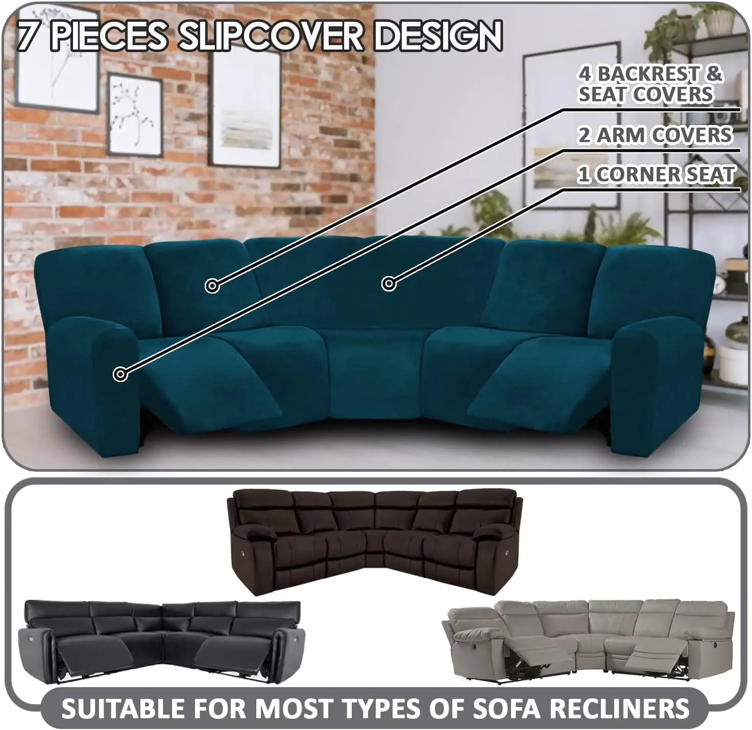 ULTICOR Velvet 7-Piece Sectional Recliner Sofa Cover (Deep Teal, L Shape 5 Seat, Sturdy, Soft, Washable)