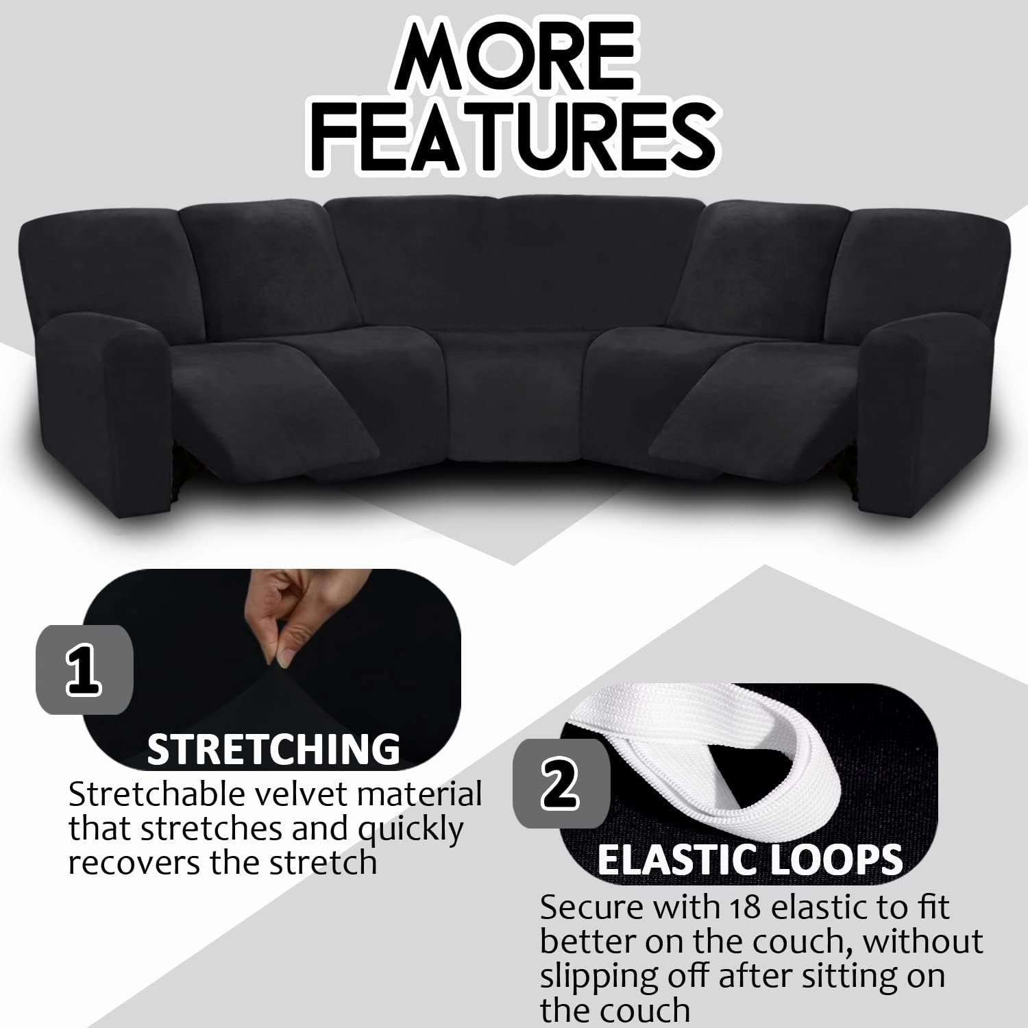 ULTICOR 7-Piece L Shape Sectional Recliner Sofa Covers, Velvet Stretch Reclining Couch Covers for Sofa, Thick, Soft, Washable (Black, 5 Seat Cover)