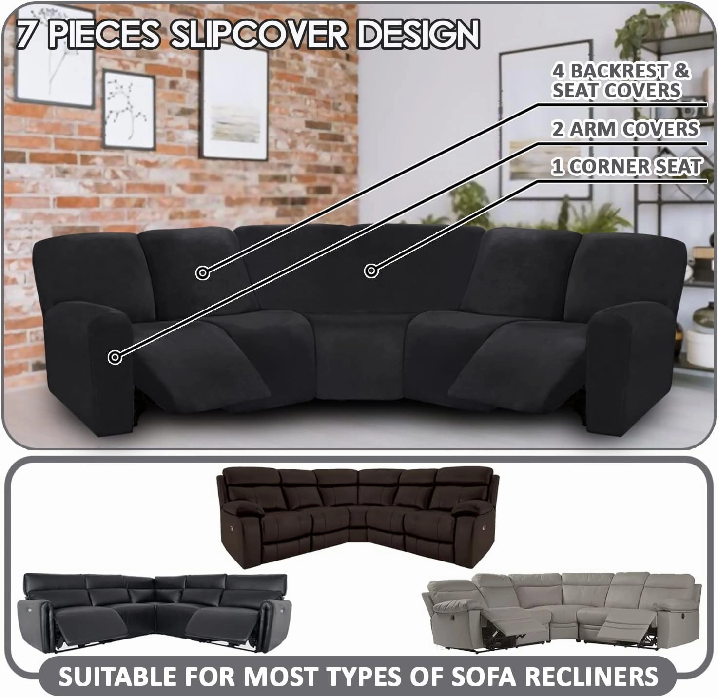 ULTICOR 7-Piece L Shape Sectional Recliner Sofa Covers, Velvet Stretch Reclining Couch Covers for Sofa, Thick, Soft, Washable (Black, 5 Seat Cover)