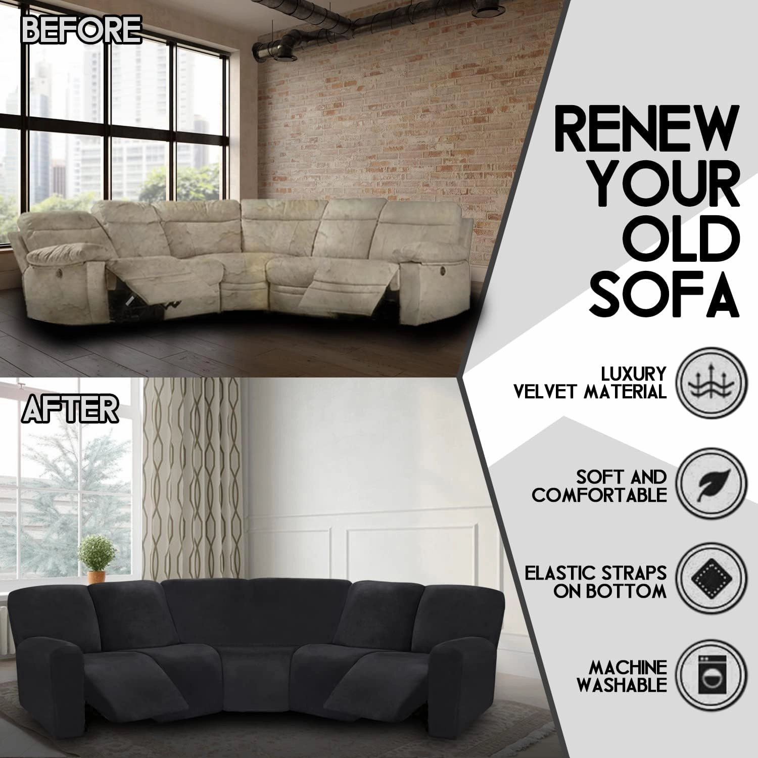 ULTICOR 7-Piece L Shape Sectional Recliner Sofa Covers, Velvet Stretch Reclining Couch Covers for Sofa, Thick, Soft, Washable (Black, 5 Seat Cover)