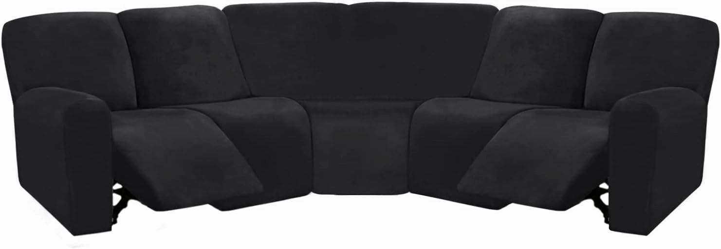 ULTICOR 7-Piece L Shape Sectional Recliner Sofa Covers, Velvet Stretch Reclining Couch Covers for Sofa, Thick, Soft, Washable (Black, 5 Seat Cover)
