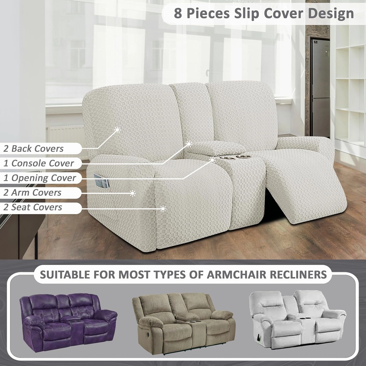 ULTICOR 8-Pieces Recliner Sofa Covers, Jacquared Stretch Couch Covers for 3 Cushion Reclining Sofa Slipcovers Thick Soft Washable (Style 2) (Ivory)
