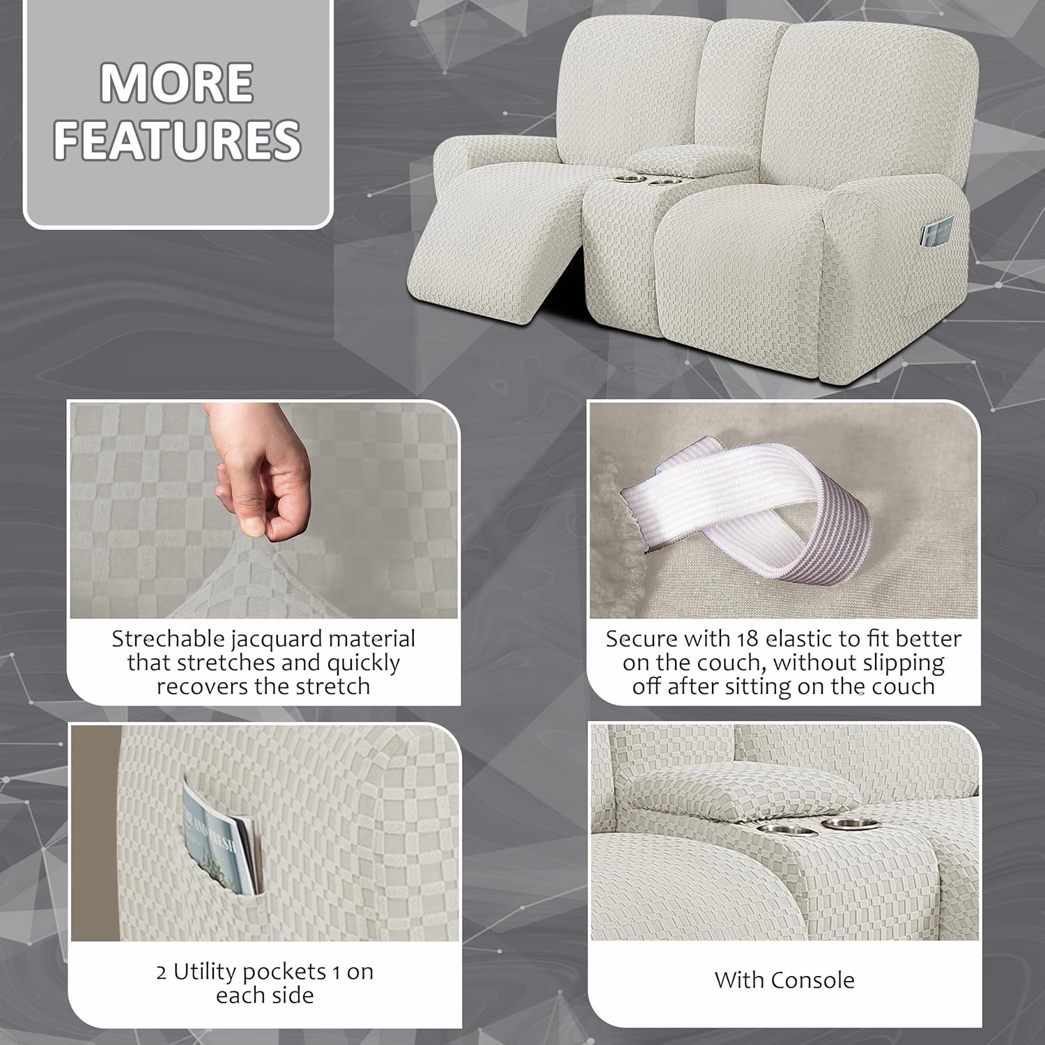 ULTICOR 8-Pieces Recliner Sofa Covers, Jacquared Stretch Couch Covers for 3 Cushion Reclining Sofa Slipcovers Thick Soft Washable (Style 2) (Ivory)