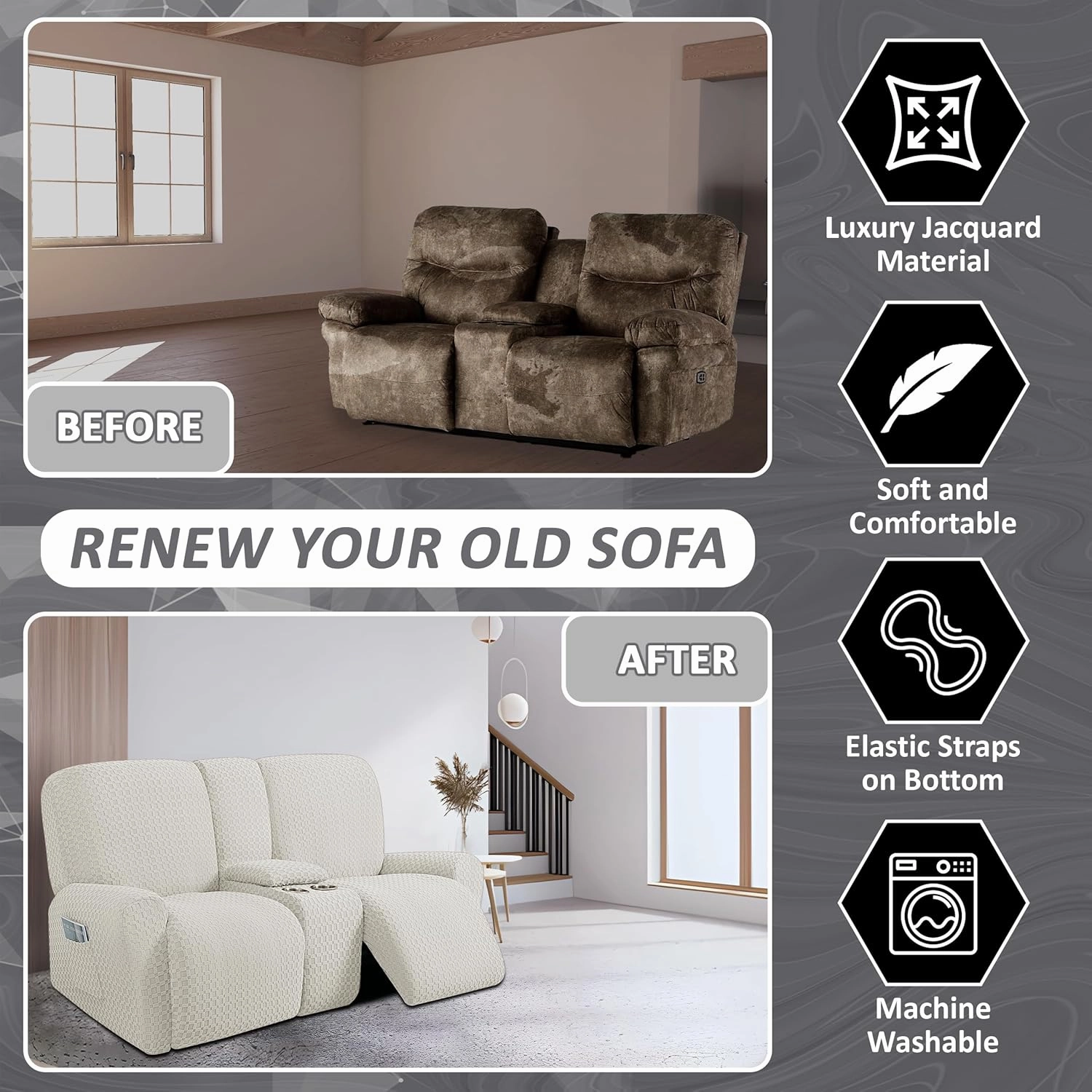 ULTICOR 8-Pieces Recliner Sofa Covers, Jacquared Stretch Couch Covers for 3 Cushion Reclining Sofa Slipcovers Thick Soft Washable (Style 2) (Ivory)