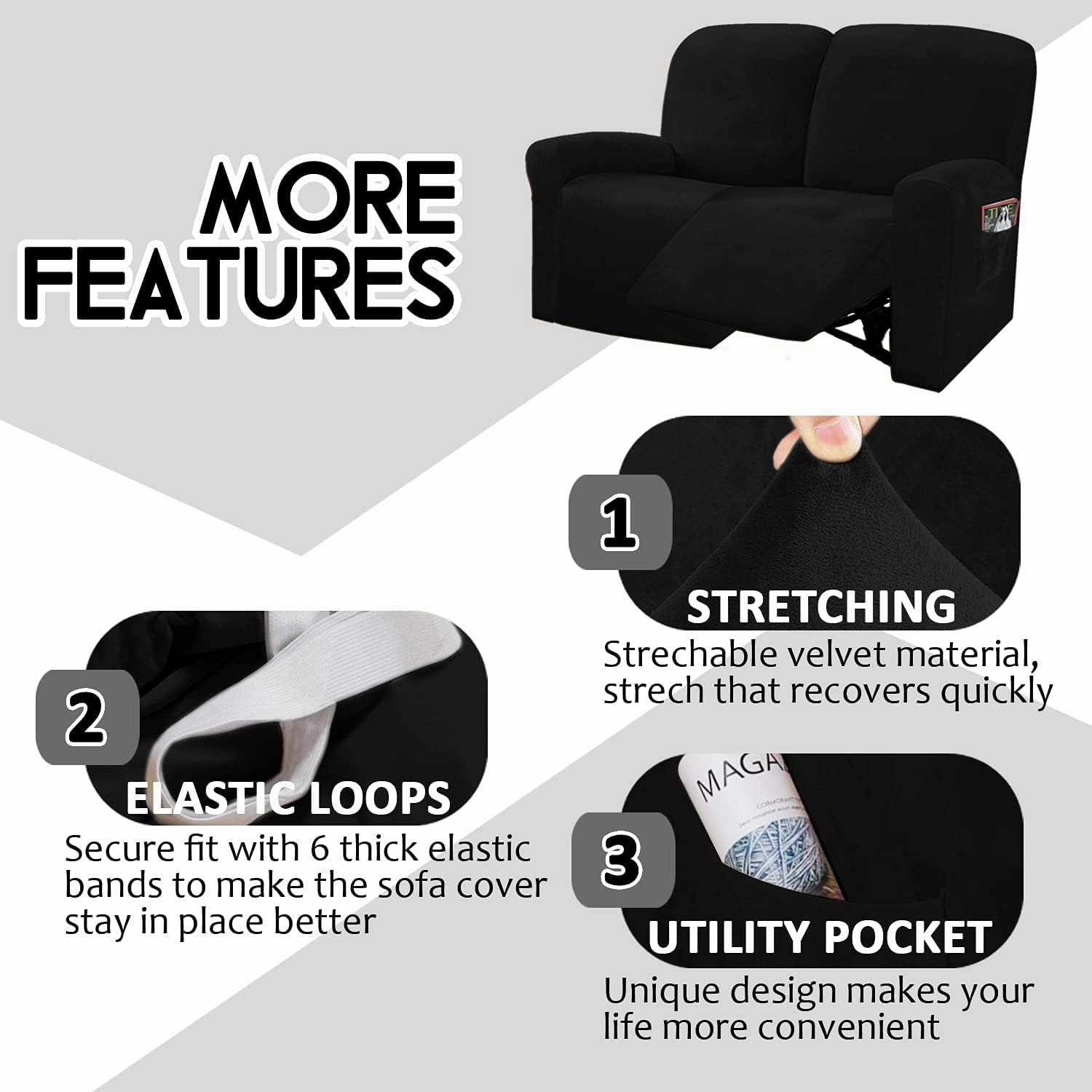 ULTICOR Reclining Love Seat Slipcover, 48" - 65" L, 6-Piece Velvet Stretch Loveseat Reclining Sofa Covers, 2 seat Love seat Recliner Cover, Thick, Soft, Washable (Black)