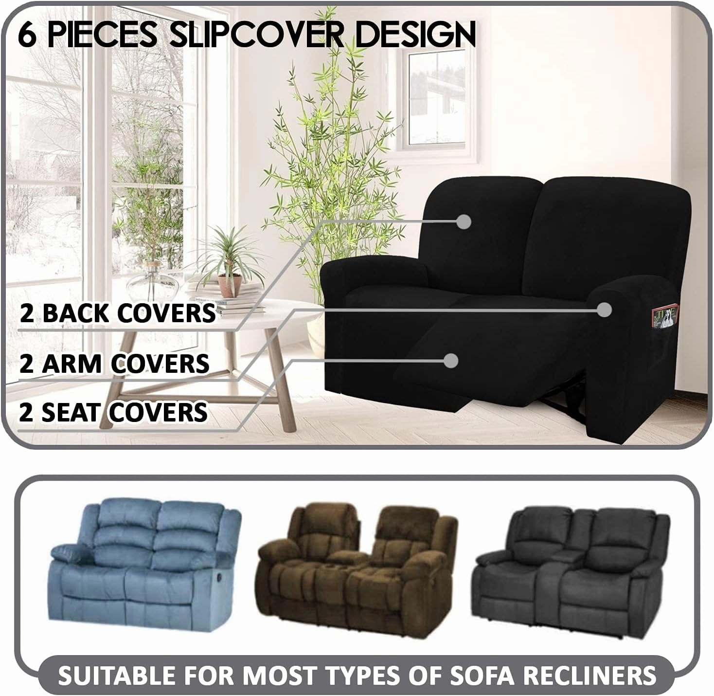 ULTICOR Reclining Love Seat Slipcover, 48" - 65" L, 6-Piece Velvet Stretch Loveseat Reclining Sofa Covers, 2 seat Love seat Recliner Cover, Thick, Soft, Washable (Black)