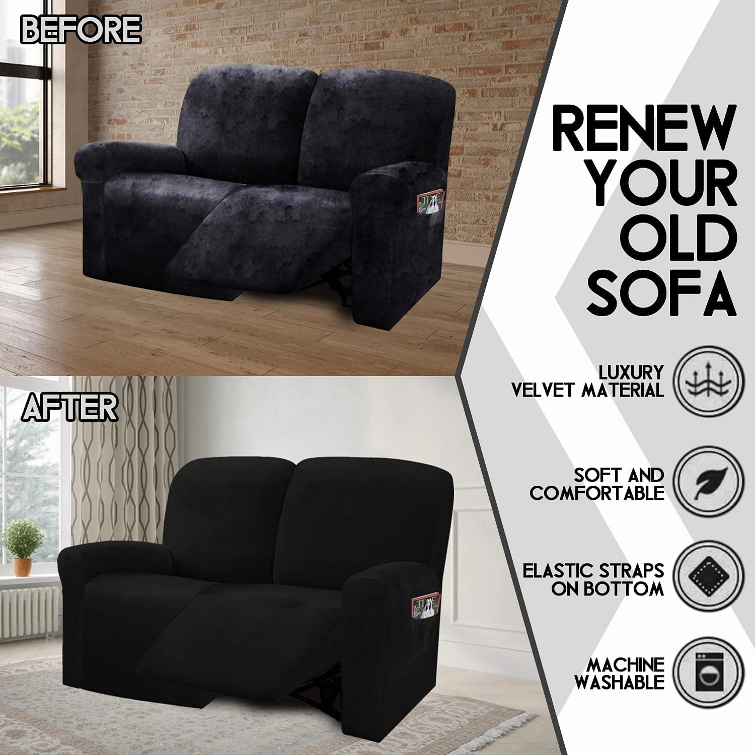 ULTICOR Reclining Love Seat Slipcover, 48" - 65" L, 6-Piece Velvet Stretch Loveseat Reclining Sofa Covers, 2 seat Love seat Recliner Cover, Thick, Soft, Washable (Black)