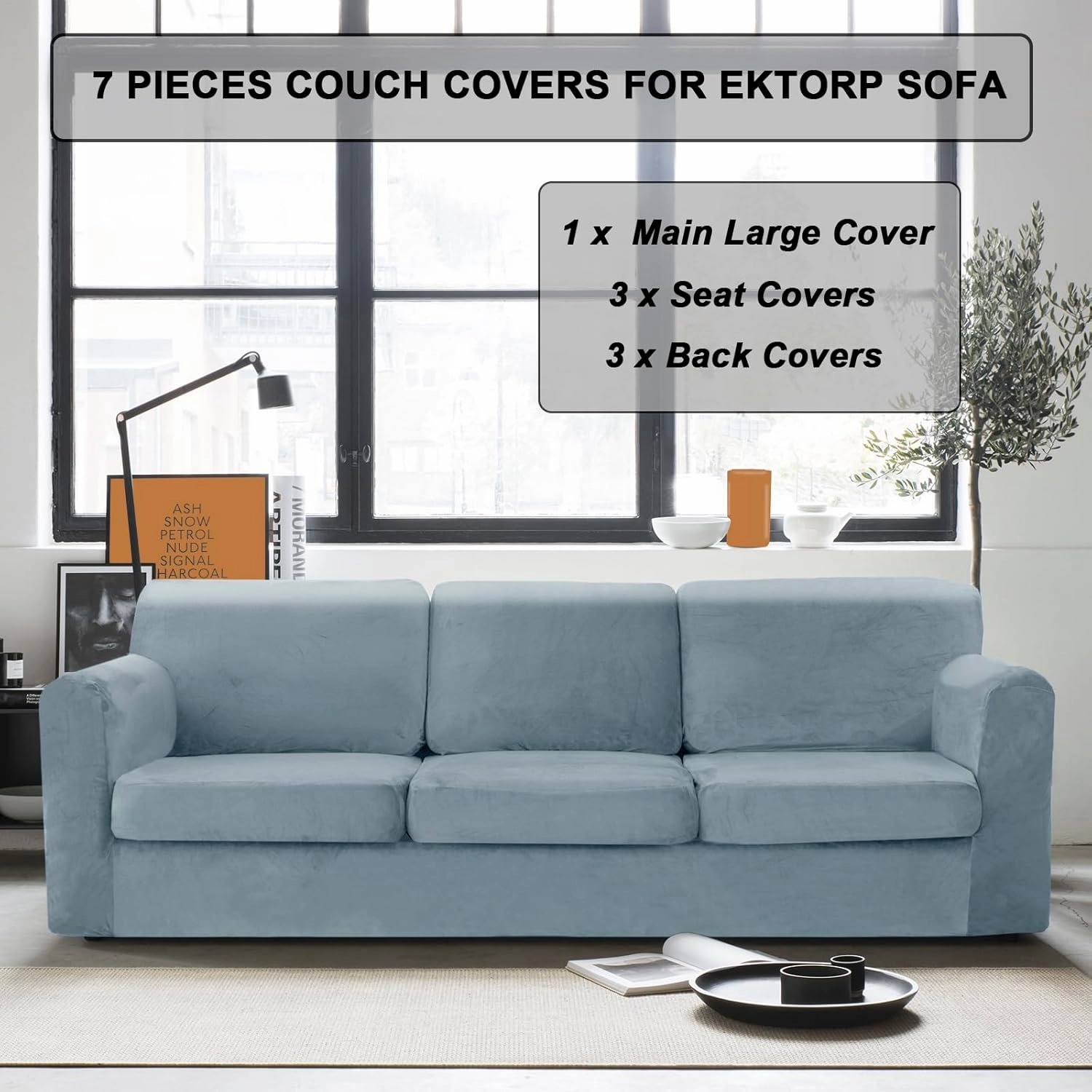 UNBBRRL 7 Piece Couch Covers for Sofa, Replacement Ektorp Sofa Cover 3 Seat with 1 Main Cover / 3 Seat Cushion Covers / 3 Backrest Covers, Velvet Settee Cover 3 Seater (Light Blue)