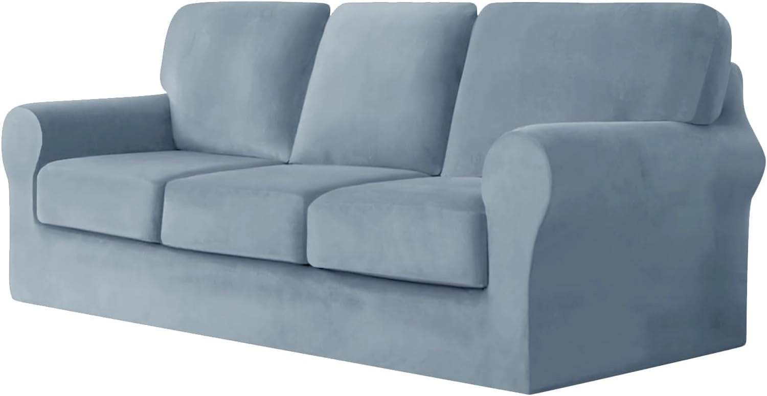 UNBBRRL 7 Piece Couch Covers for Sofa, Replacement Ektorp Sofa Cover 3 Seat with 1 Main Cover / 3 Seat Cushion Covers / 3 Backrest Covers, Velvet Settee Cover 3 Seater (Light Blue)