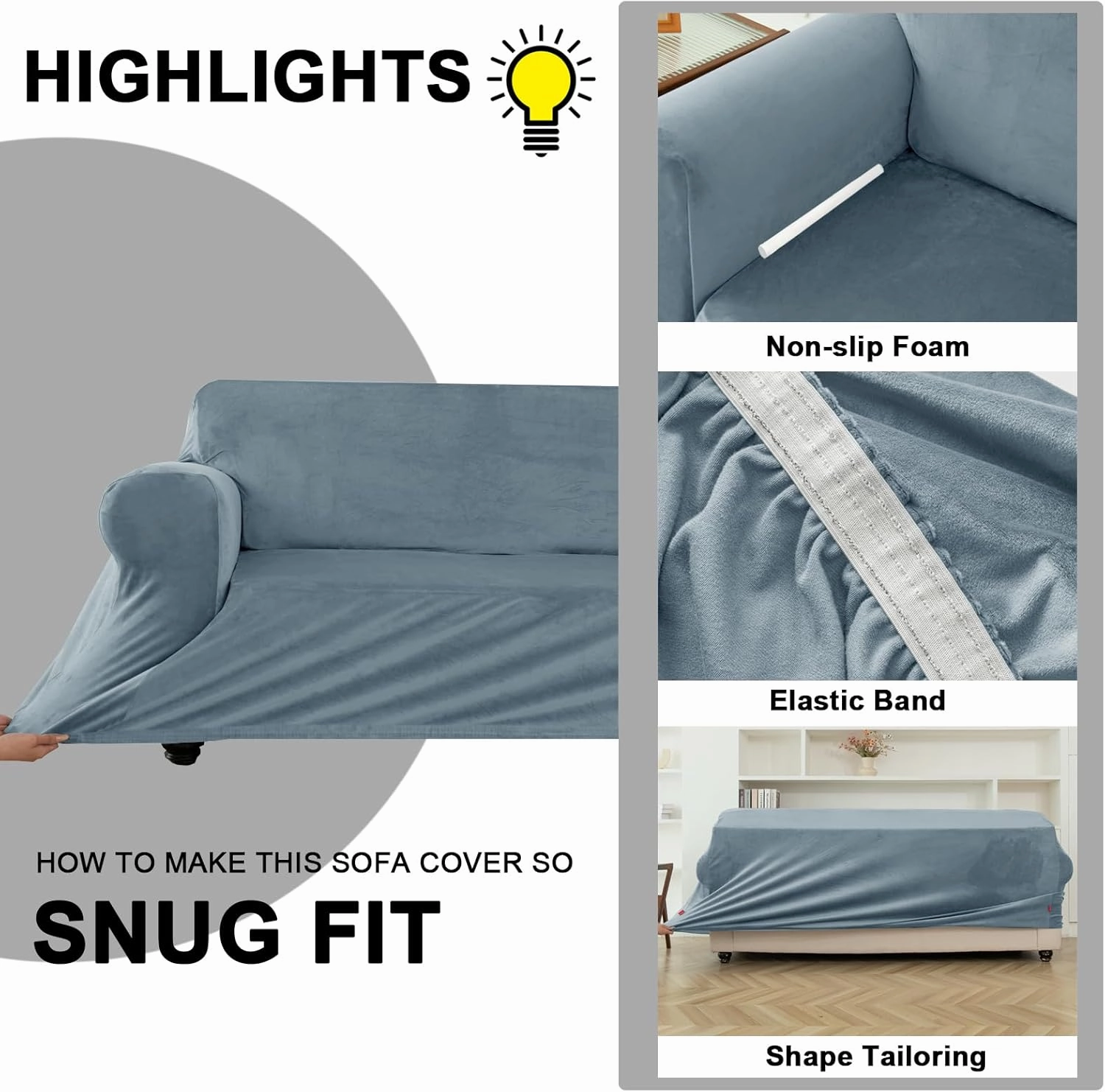 UNBBRRL 7 Piece Couch Covers for Sofa, Replacement Ektorp Sofa Cover 3 Seat with 1 Main Cover / 3 Seat Cushion Covers / 3 Backrest Covers, Velvet Settee Cover 3 Seater (Light Blue)