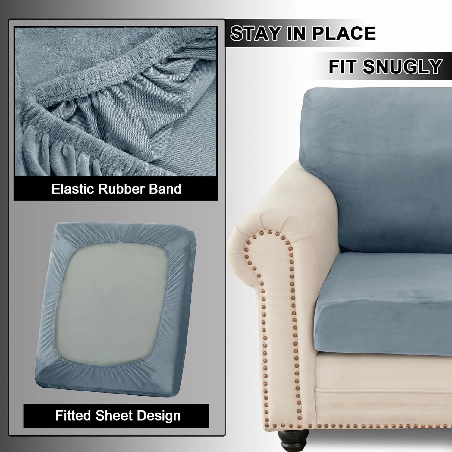 UNBBRRL 7 Piece Couch Covers for Sofa, Replacement Ektorp Sofa Cover 3 Seat with 1 Main Cover / 3 Seat Cushion Covers / 3 Backrest Covers, Velvet Settee Cover 3 Seater (Light Blue)