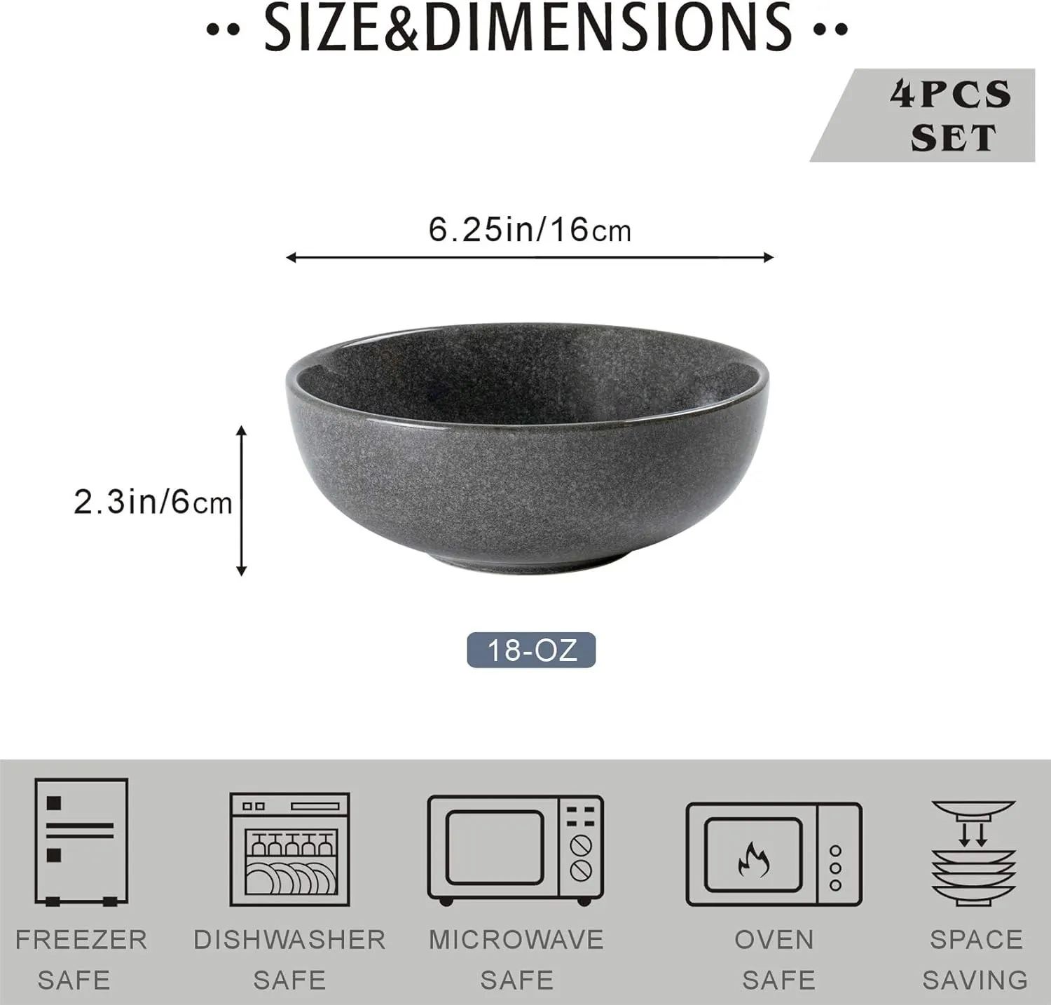 UNICASA Ceramic Cereal Bowls Set, 18 OZ Salads Bowls Set of 4, Dessert Serving Bowl for Soup, Reactive Glaze Ramen Bowls, Microwave Oven and Dishwasher Safe, Grey