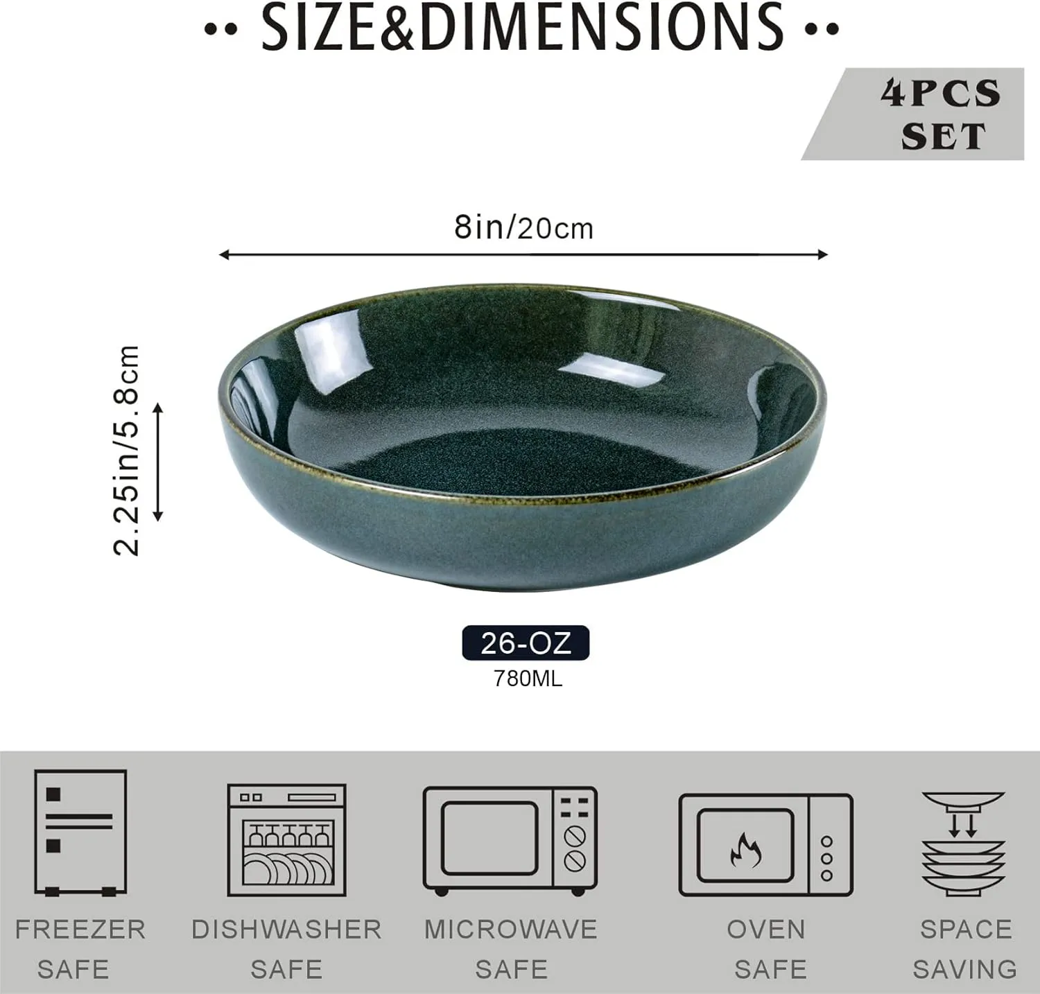 UNICASA Ceramic Pasta and Salad Bowls Set of 4, 26 oz Reactive Glaze Dish Bowls, Microwave and Dishwasher Safe, Olive