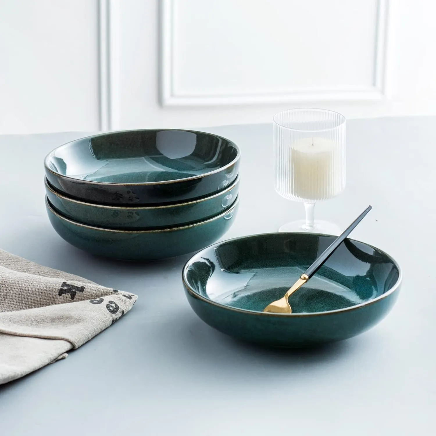 UNICASA Ceramic Pasta and Salad Bowls Set of 4, 26 oz Reactive Glaze Dish Bowls, Microwave and Dishwasher Safe, Olive