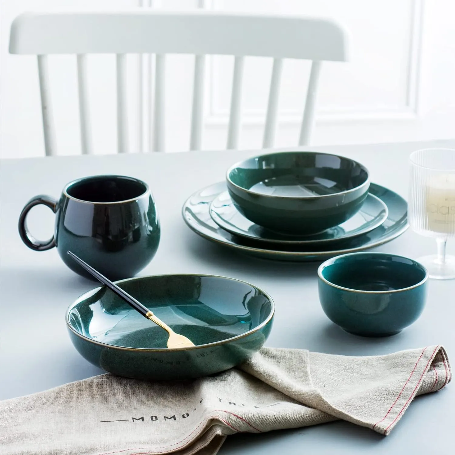 UNICASA Ceramic Pasta and Salad Bowls Set of 4, 26 oz Reactive Glaze Dish Bowls, Microwave and Dishwasher Safe, Olive