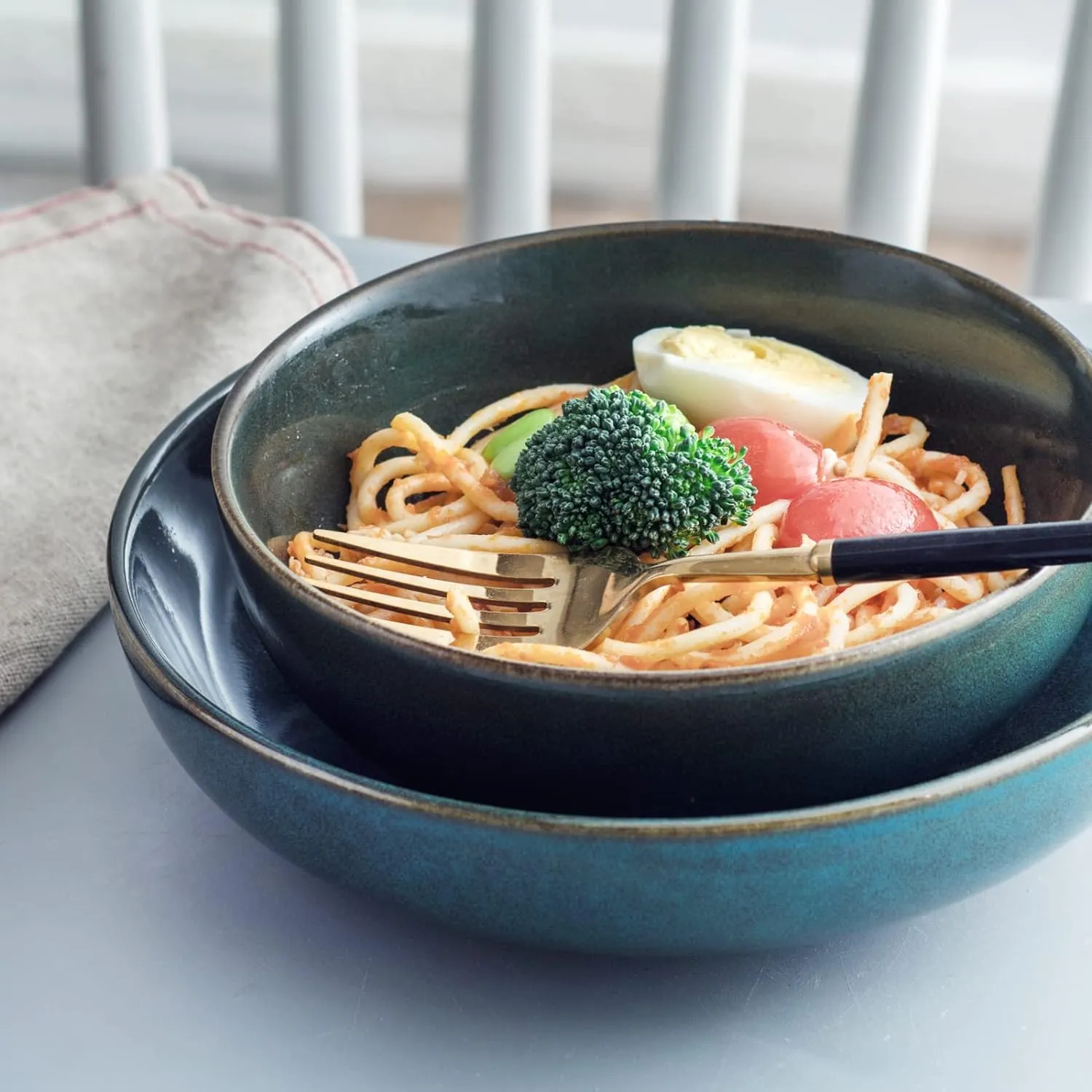 UNICASA Ceramic Pasta and Salad Bowls Set of 4, 26 oz Reactive Glaze Dish Bowls, Microwave and Dishwasher Safe, Olive