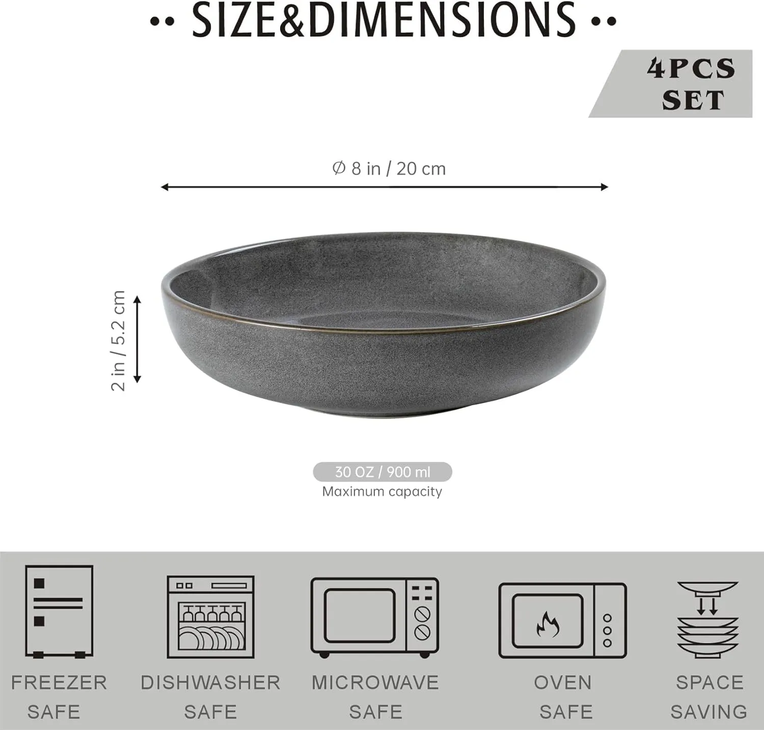 UNICASA Ceramic Pasta Bowls, Porcelain Salad Bowls Set of 4, 26 oz Soup Bowl for Kitchen, Large Serving Bowls, Reactive Glaze Dish Bowls, Microwave and Dishwasher Safe Bowls, Grey