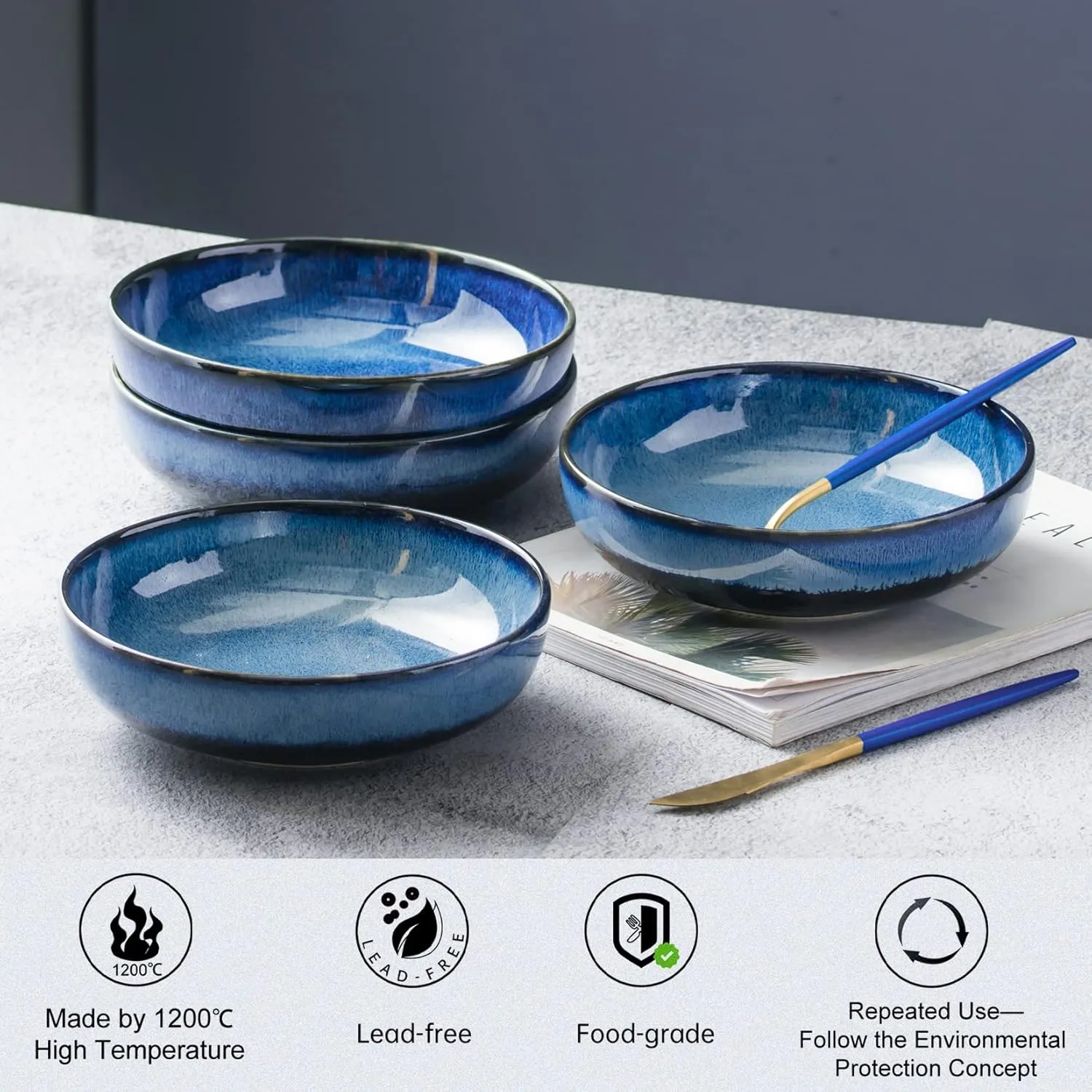 UNICASA Ceramic Pasta Bowls, Porcelain Salad Set of 4, 26 oz for Kitchen, Large Serving, Reactive Glaze Dish, Microwave and Dishwasher Safe, Blue