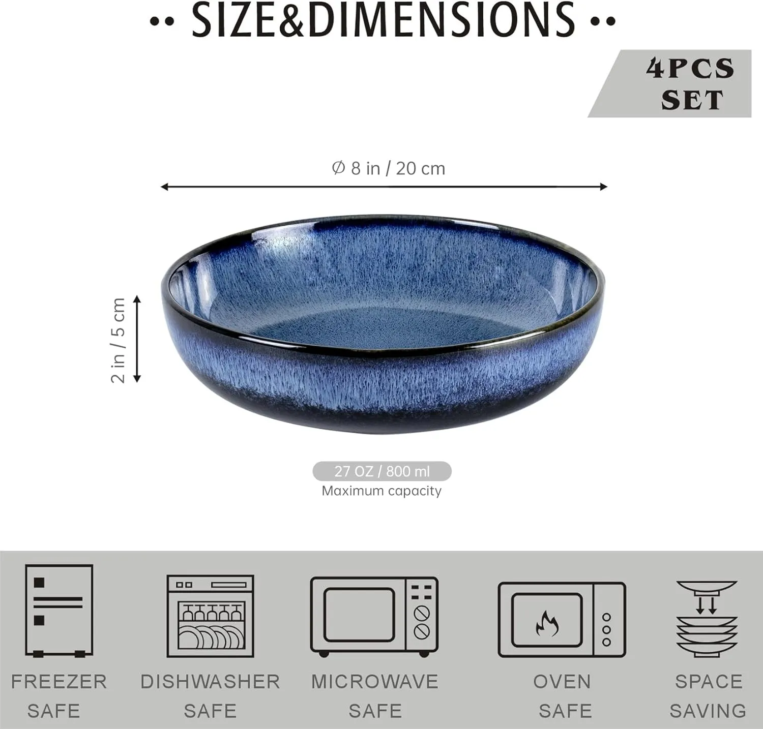 UNICASA Ceramic Pasta Bowls, Porcelain Salad Set of 4, 26 oz for Kitchen, Large Serving, Reactive Glaze Dish, Microwave and Dishwasher Safe, Blue