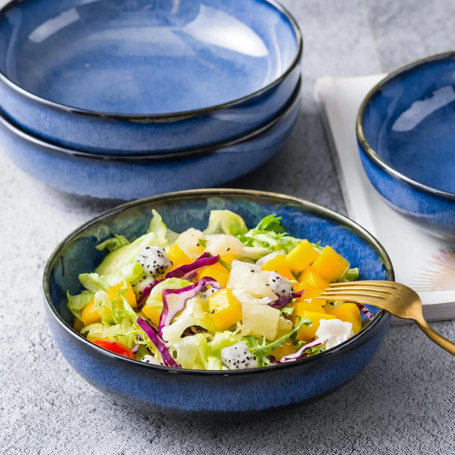 UNICASA Ceramic Pasta Bowls, Porcelain Salad Set of 4, 26 oz for Kitchen, Large Serving, Reactive Glaze Dish, Microwave and Dishwasher Safe, Blue