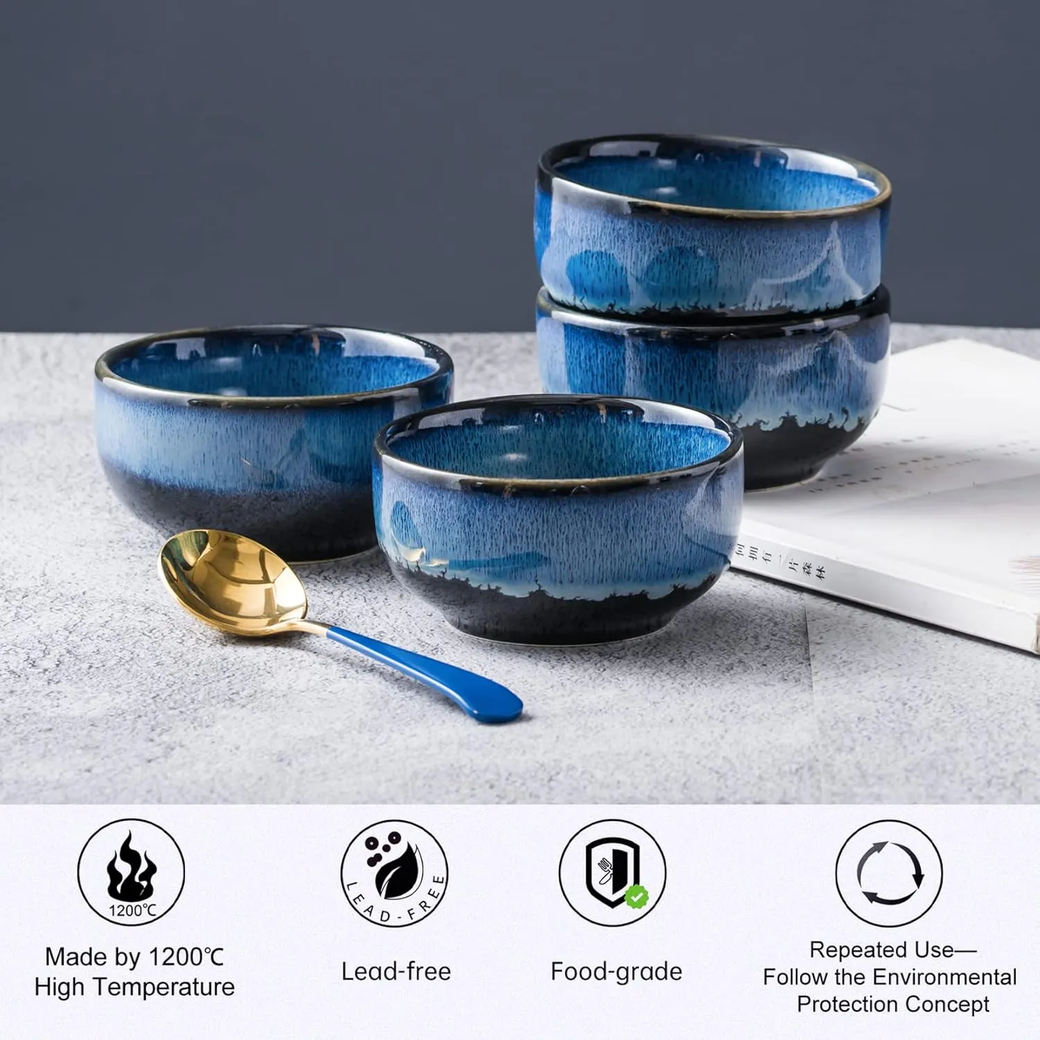 UNICASA Ceramic Small Bowls Set, 8 OZ Cereal Bowls Set of 4, Porcelain Reactive Glaze Rice Bowls, Dessert Bowls for Ice Cream, Serving Bowls for Dipping, Rice, Soup, Dishwasher & Microwave Safe, Blue