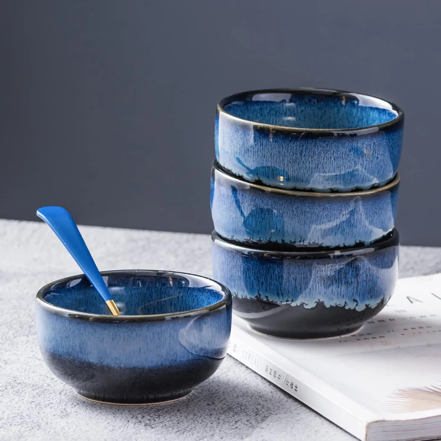 UNICASA Ceramic Small Bowls Set, 8 OZ Cereal Bowls Set of 4, Porcelain Reactive Glaze Rice Bowls, Dessert Bowls for Ice Cream, Serving Bowls for Dipping, Rice, Soup, Dishwasher & Microwave Safe, Blue