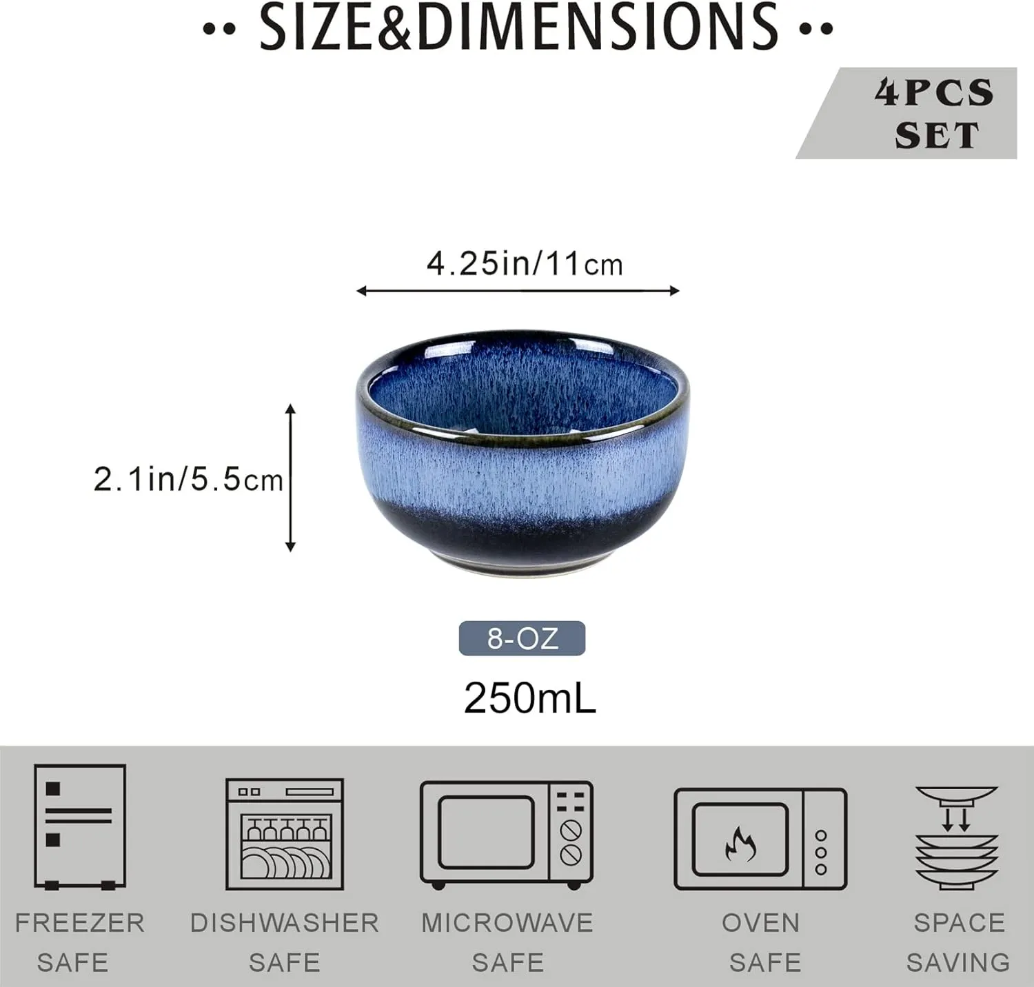 UNICASA Ceramic Small Bowls Set, 8 OZ Cereal Bowls Set of 4, Porcelain Reactive Glaze Rice Bowls, Dessert Bowls for Ice Cream, Serving Bowls for Dipping, Rice, Soup, Dishwasher & Microwave Safe, Blue