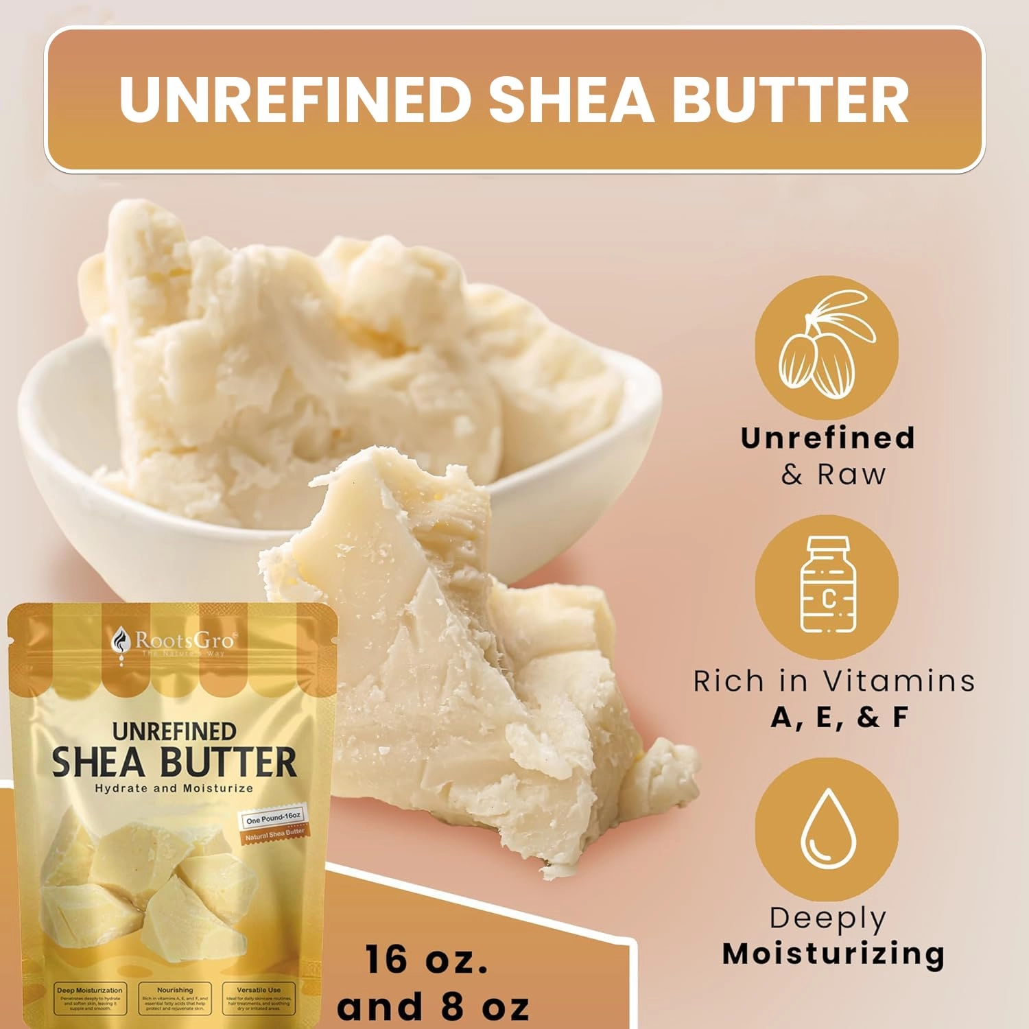 Unrefined Raw Shea Butter 16 Oz, Unprocessed Shea Butter, Moisturizer for Skin & Hair, Maximum Potency with Essential Nutrients, Nourishing, Vitamin-Rich, Non-Greasy - Suitable for All