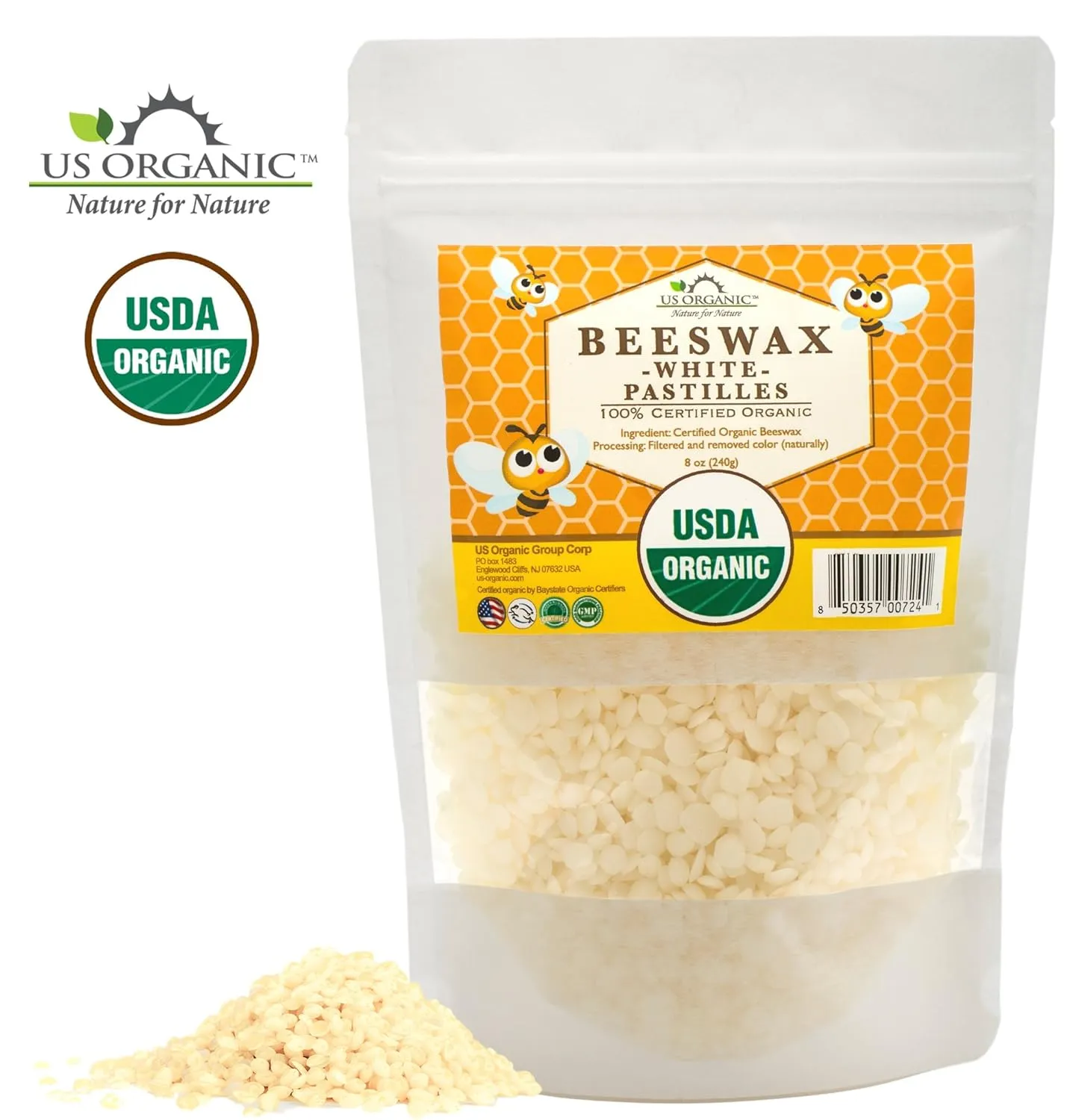 US Organic Beeswax 100% Pure White Pastilles, USDA Certified, for DIY Candle, Lip Balm, Body Cream, Lotion, Deodorant, Crayon, and Many More uses. 8 oz (Medium)