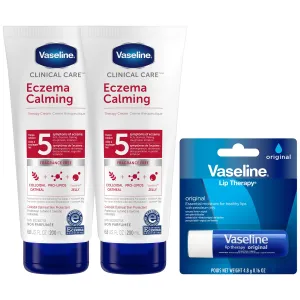 Vaseline Eczema Lotion, Calming Therapy Cream 2-Pack with Colloidal Oatmeal   Original Vaseline Lip Therapy for Dry Lips with Petroleum Jelly (3 Piece Set)