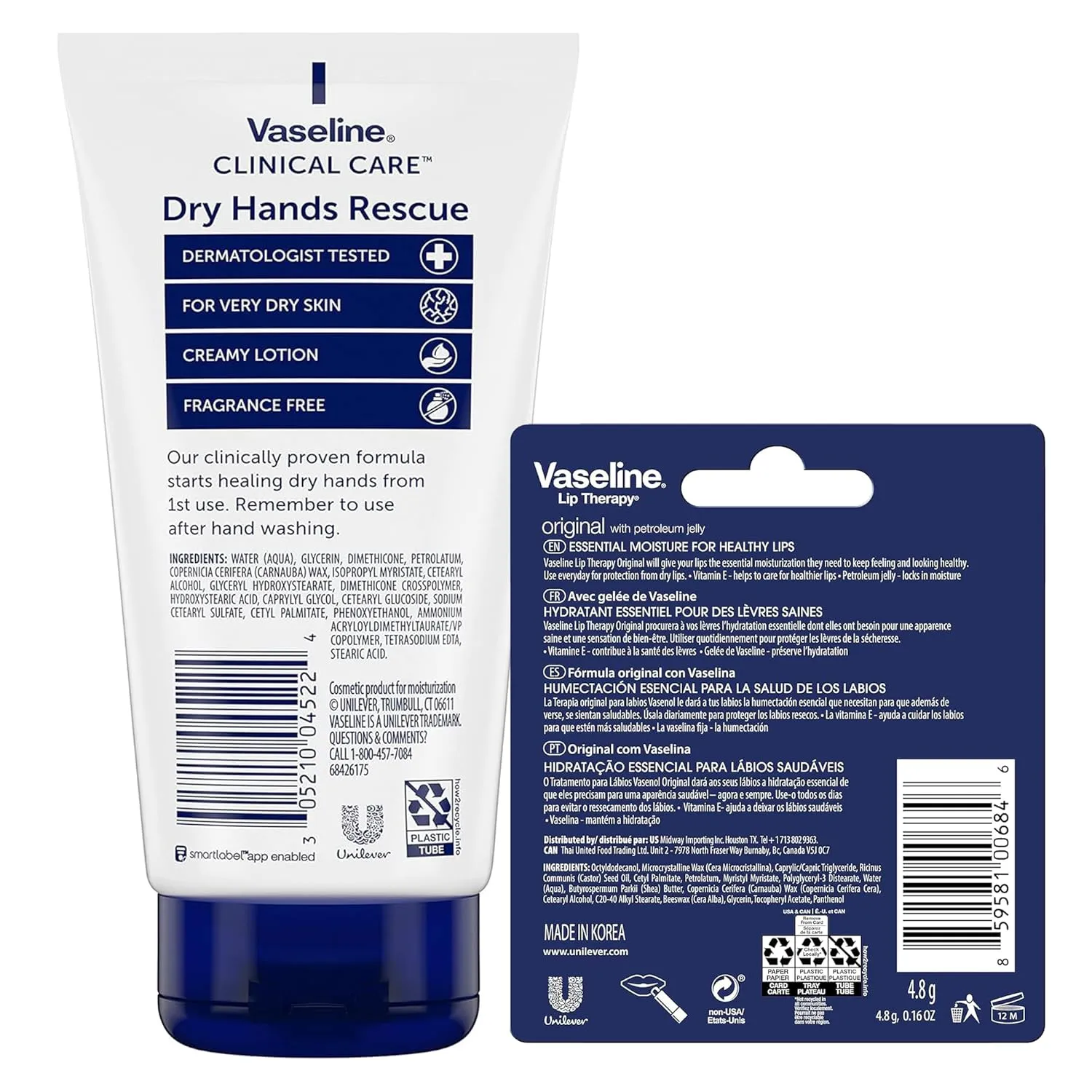 Vaseline Hand Cream, Dry Hands Rescue 2-Pack – Clinical Care Formula, Fragrance-Free, 5.1 Oz Ea   Lip Therapy Original Moisturizer for Lips, 0.16 Oz