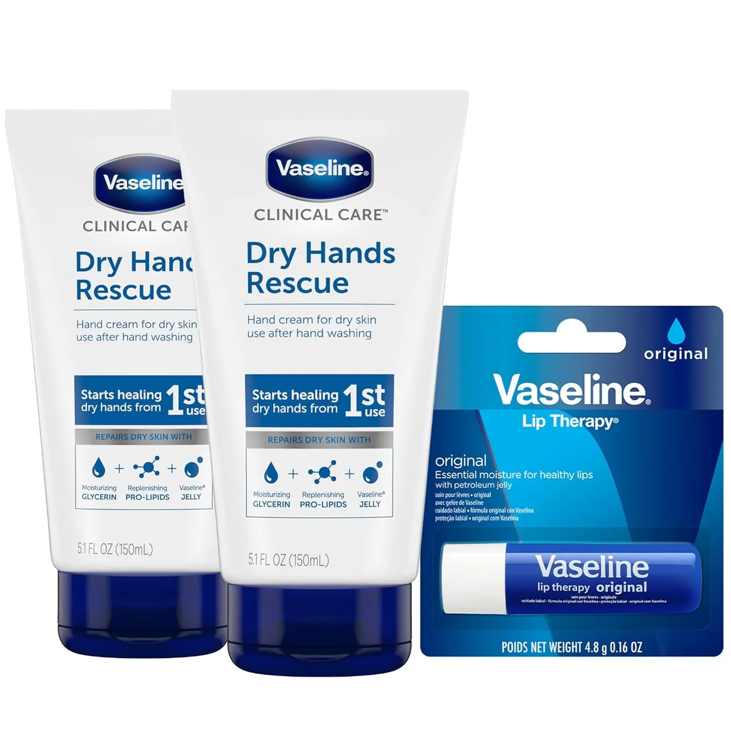 Vaseline Hand Cream, Dry Hands Rescue 2-Pack – Clinical Care Formula, Fragrance-Free, 5.1 Oz Ea   Lip Therapy Original Moisturizer for Lips, 0.16 Oz