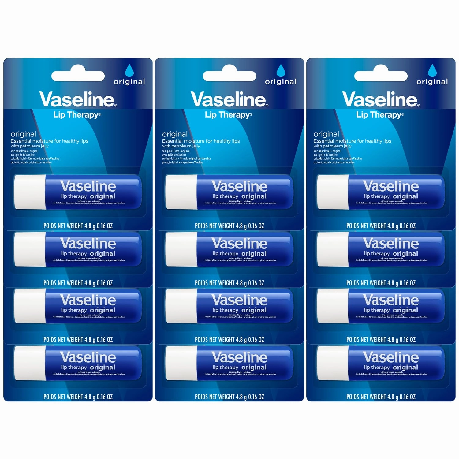 Vaseline Lip Therapy Original 12-Pack – Moisturizing Lip Balm for Very Dry Lips, 0.16 Oz Ea