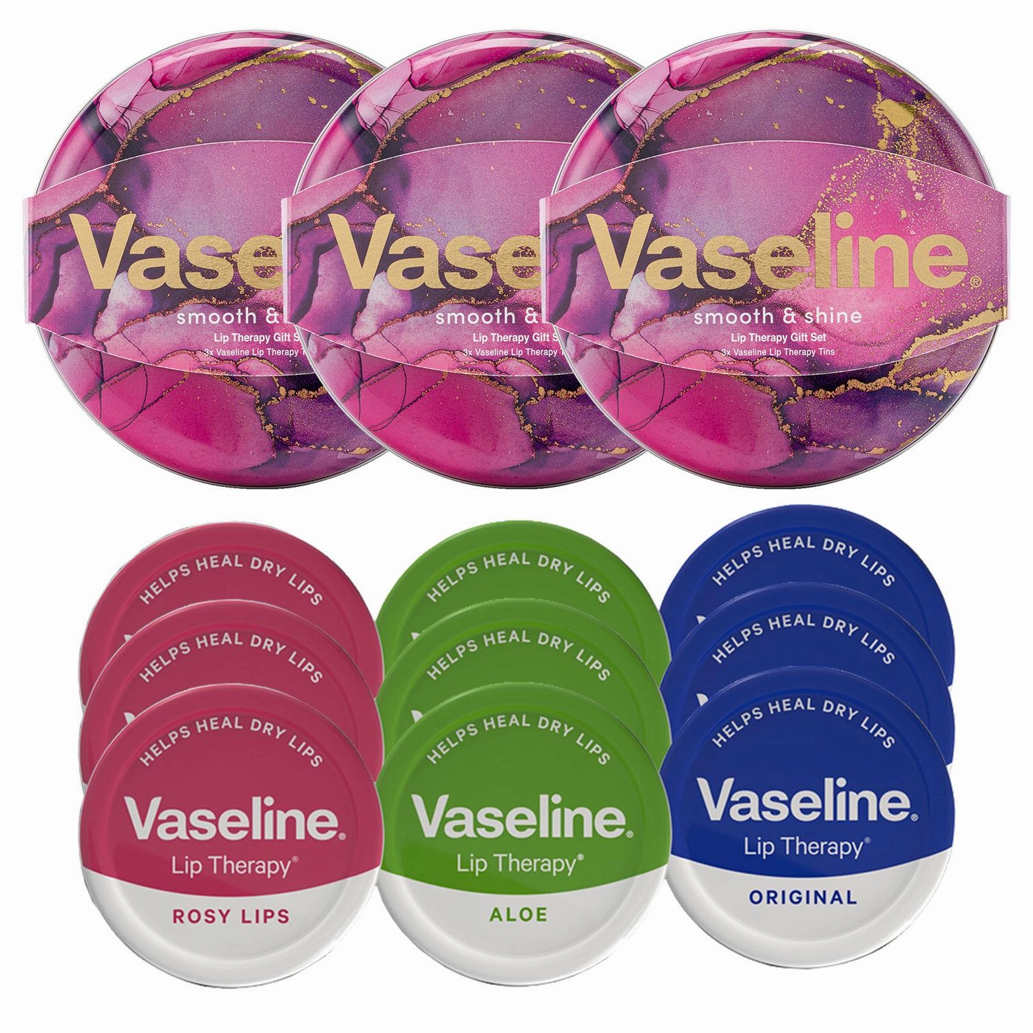 Vaseline Rosy, Coca & Aloe Lip Therapy Selection 3pcs Gift Tin Set For Her