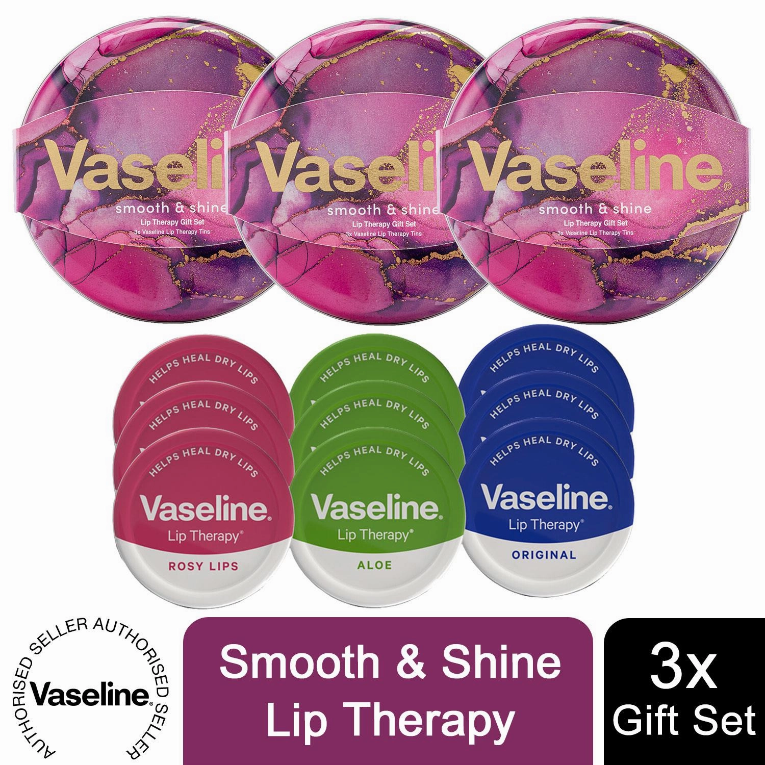 Vaseline Rosy, Coca & Aloe Lip Therapy Selection 3pcs Gift Tin Set For Her