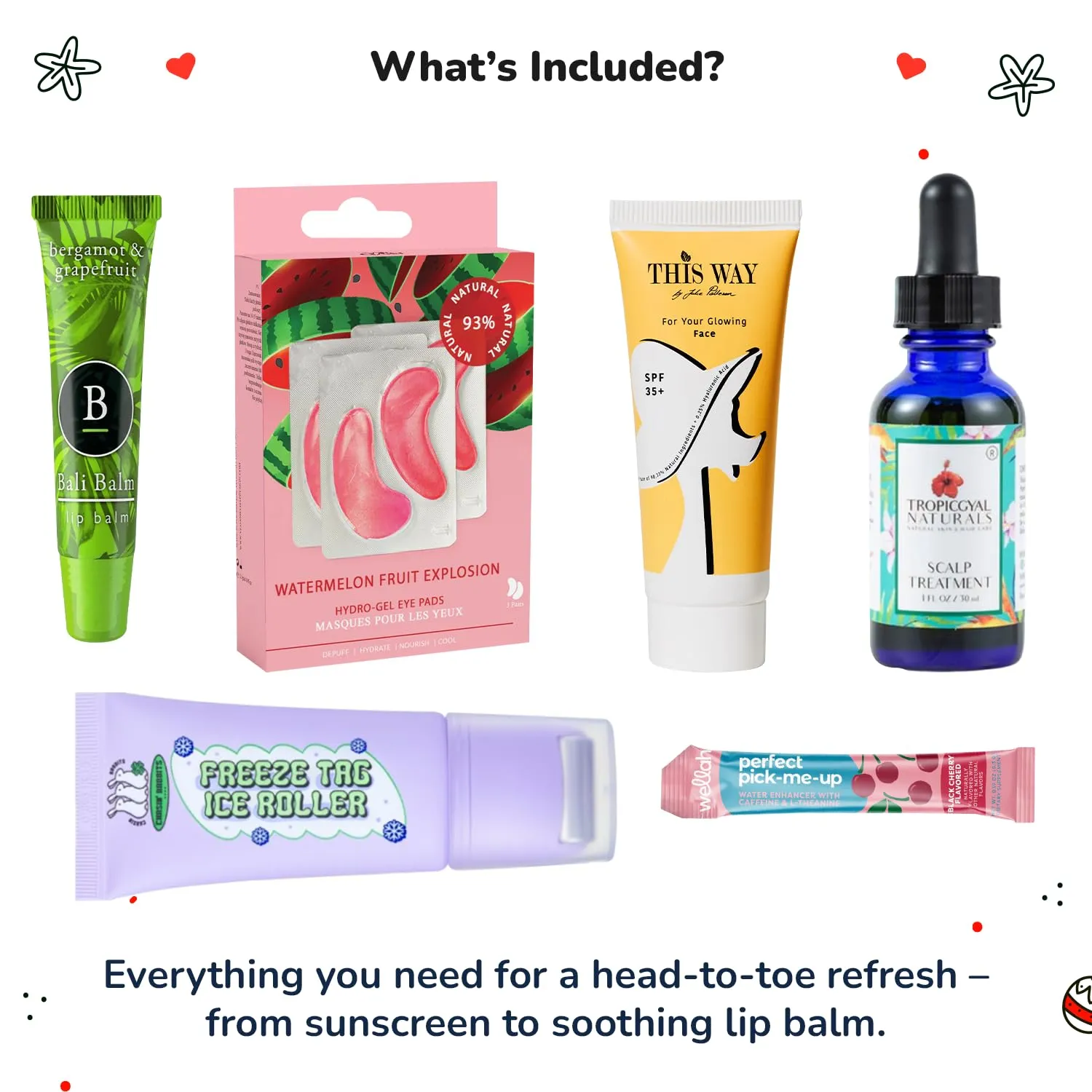 VEGANCUTS Complete Skin Rescue Self-Care Set – Face Sunscreen, Watermelon Hydro-Gel Eye Pads, Grapefruit Lip Balm, Scalp Treatment, Freeze Tag Ice Roller, Black Cherry Mist | Holiday Gift Jet