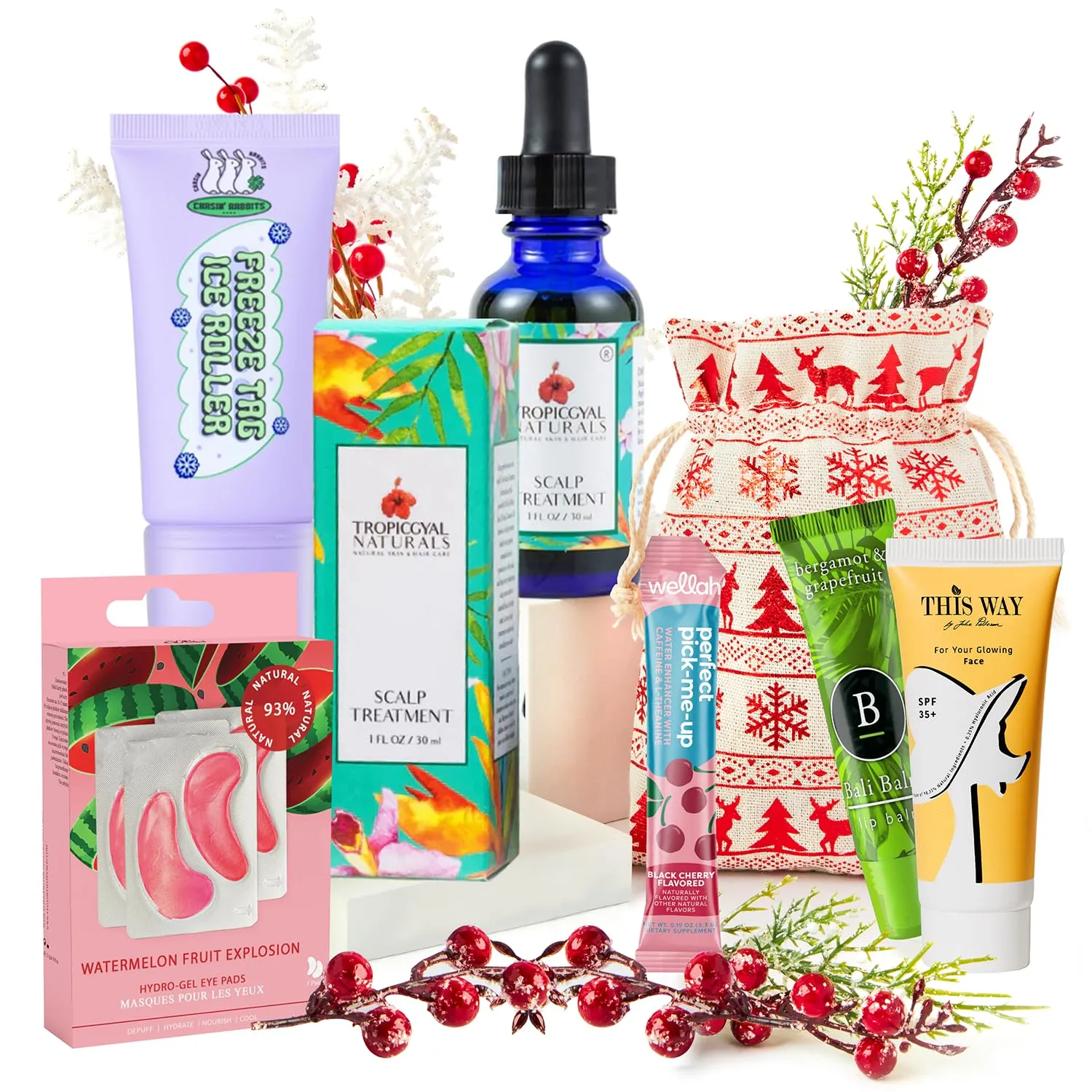 VEGANCUTS Complete Skin Rescue Self-Care Set – Face Sunscreen, Watermelon Hydro-Gel Eye Pads, Grapefruit Lip Balm, Scalp Treatment, Freeze Tag Ice Roller, Black Cherry Mist | Holiday Gift Jet