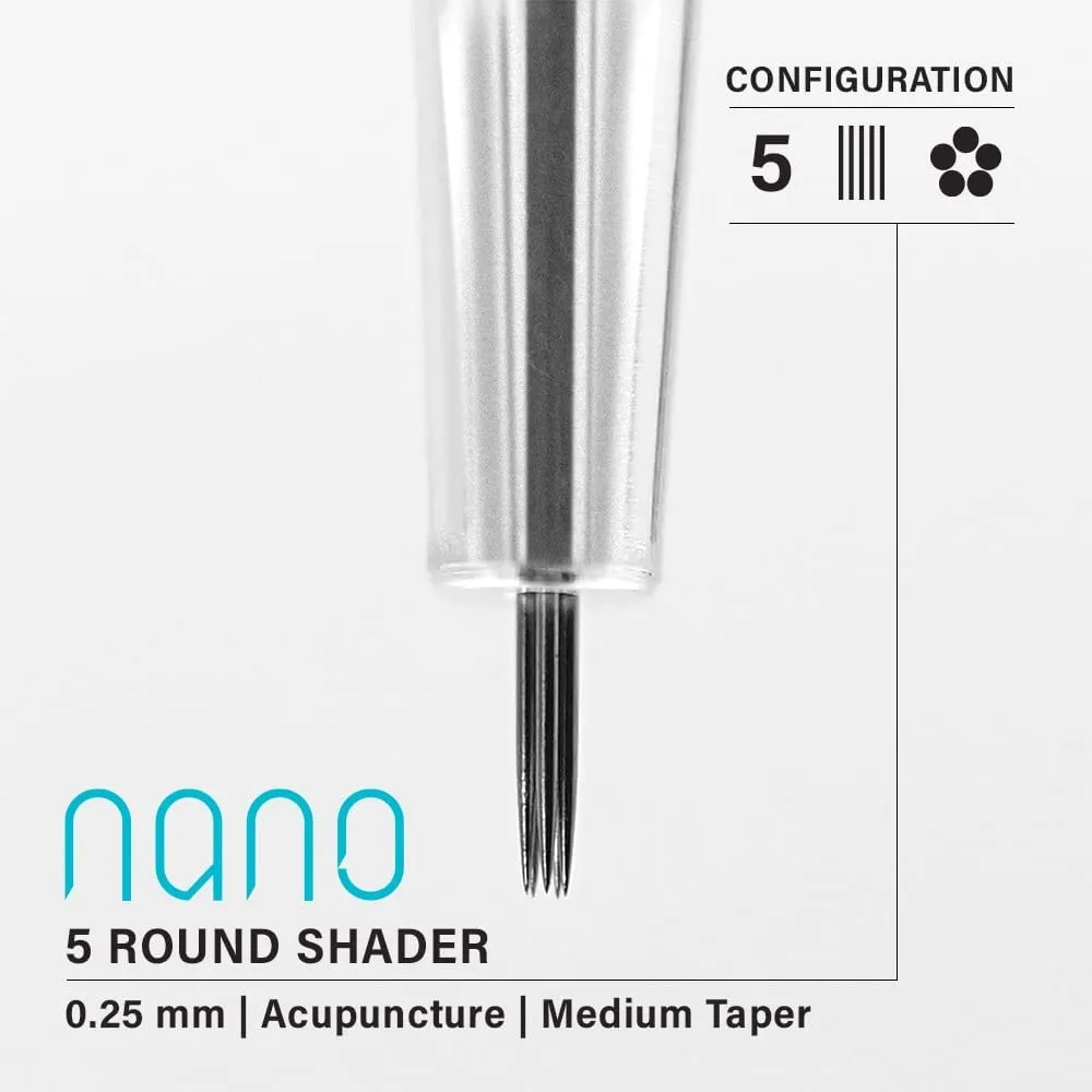 Vertix - Nano Membrane Tattoo Needles Cartridges - 5 Round Shader - Cartridge Needles for Tattoo Gun -Transparent Detachable Tip, Minimize Tattoo Pen Machine Vibration (20 Count)