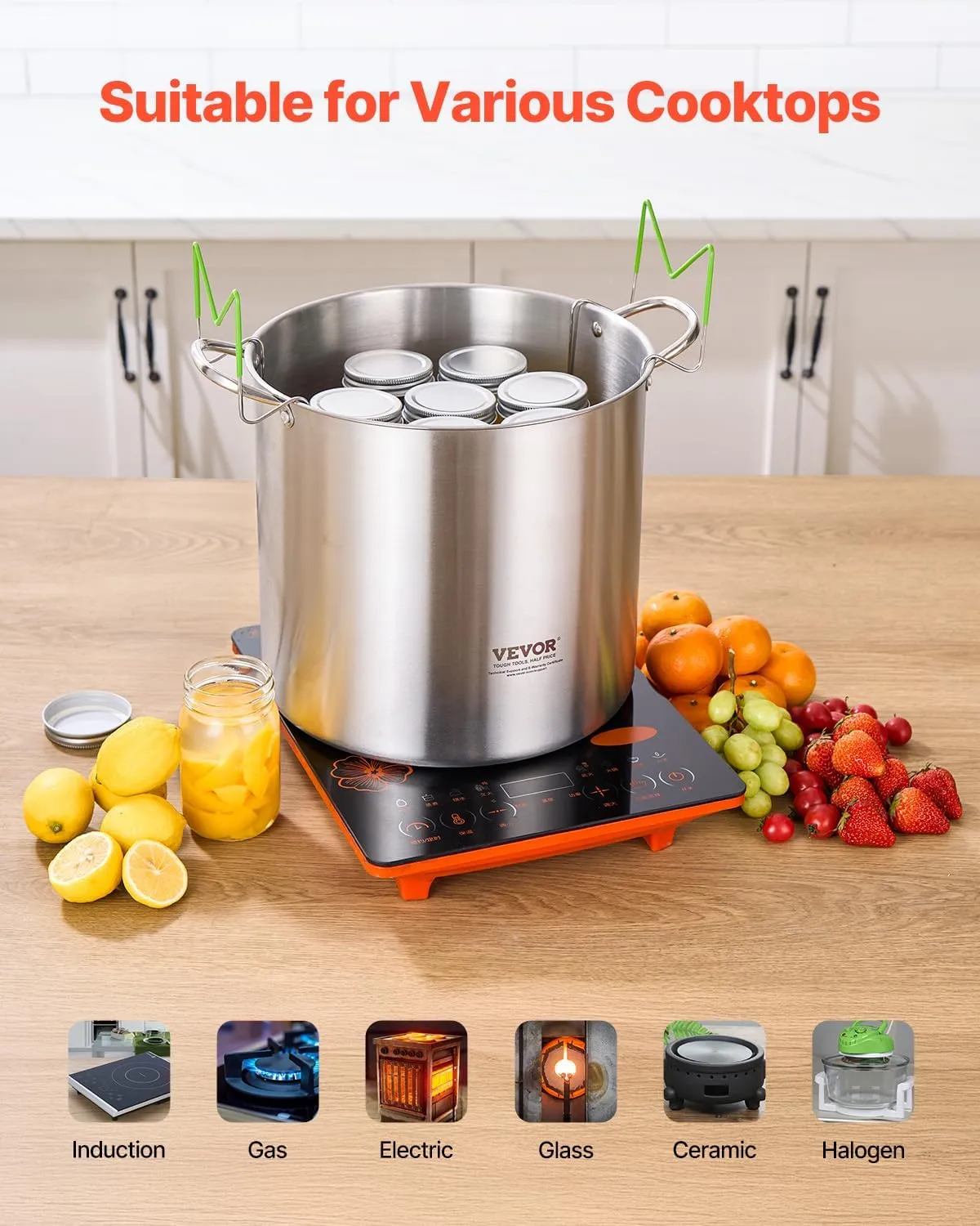 VEVOR 21 QT Canning Pot with Rack and Lid, Stainless Steel Waterbath Canner with Dual Handle and Glass Lid, Compatible with All Cooktops: Induction, Gas, Electric, Glass, Ceramic, Halogen